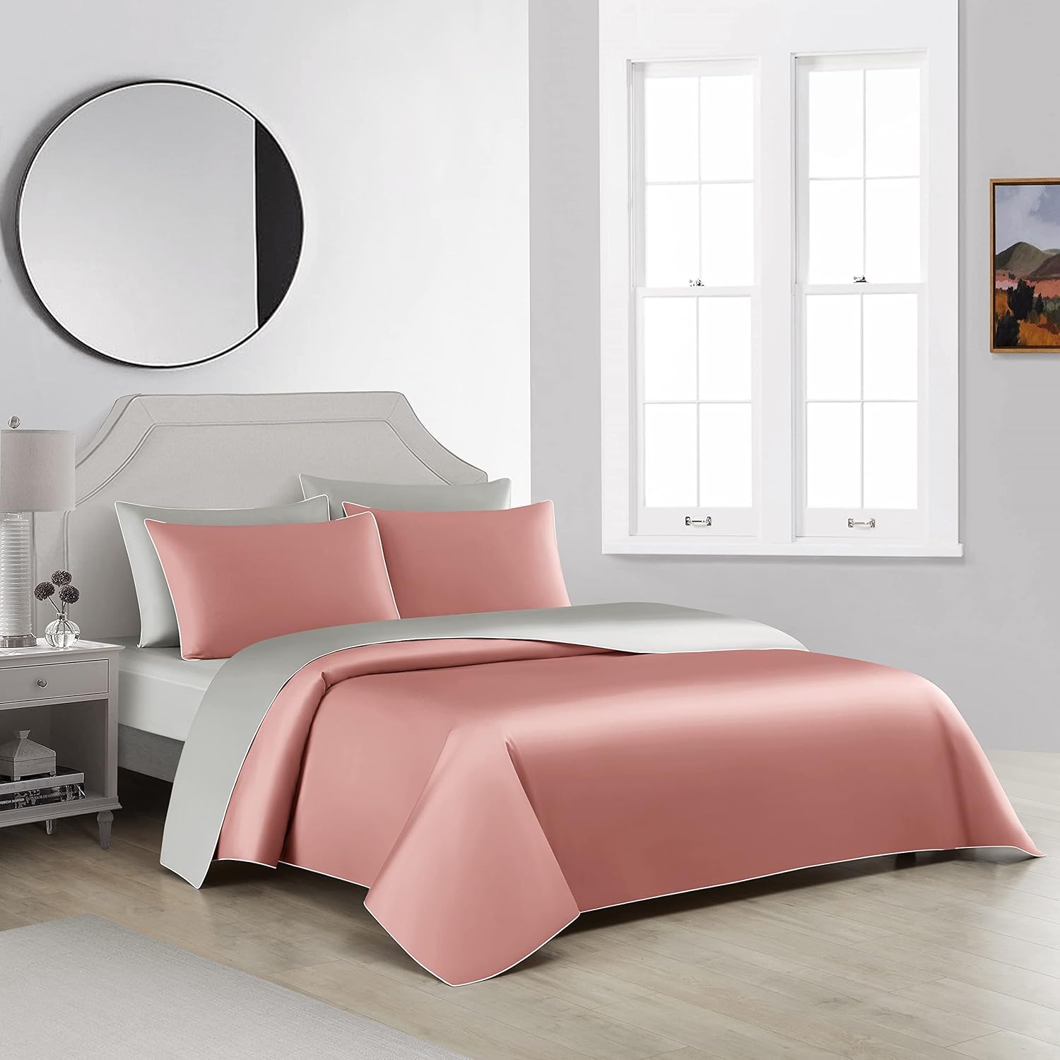 Casabolaj 3 Pieces Luxury Reversible Duvet Cover Set 800TC 100% Pima Cotton YKK Hidden Zipper Closure (Modilan Pink&Light Grey, King for 3PCS Duvet Cover Set)