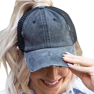 Womens High Ponytail Messy Bun Baseball Caps Distressed Unconstructed Hats | High messy bun ponytail design for long curly hair,Washed distressed cotton,UV protection, breathable casual sun hat for lady