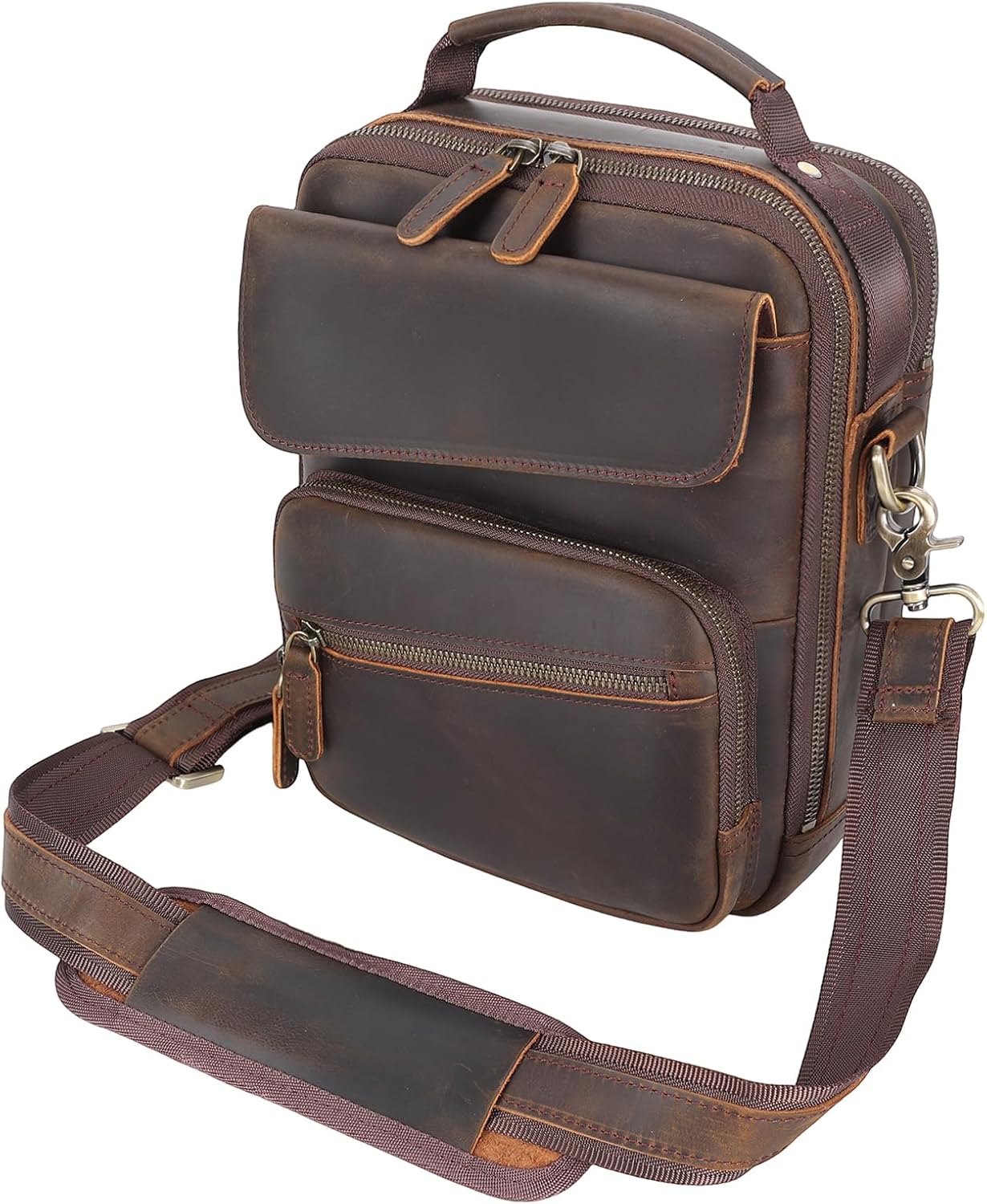 Masa Kawa Leather Messenger Shoulder Crossbody Bag for Men Fits 11 Inch Tablet, Small Flap Multi Pockets Daily Commuting Work Satchel Bags, Vintage Brown - Image 9