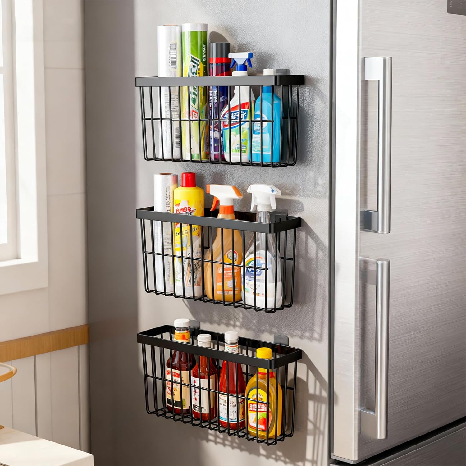 Kitchen Cabinet Door Storage Box,Self Adhesive Wall Mounted,Wardrobe/Bathroom/Refrigerator Small Items Organizer,Oil bottle/Seasoning storage (3 Piece)