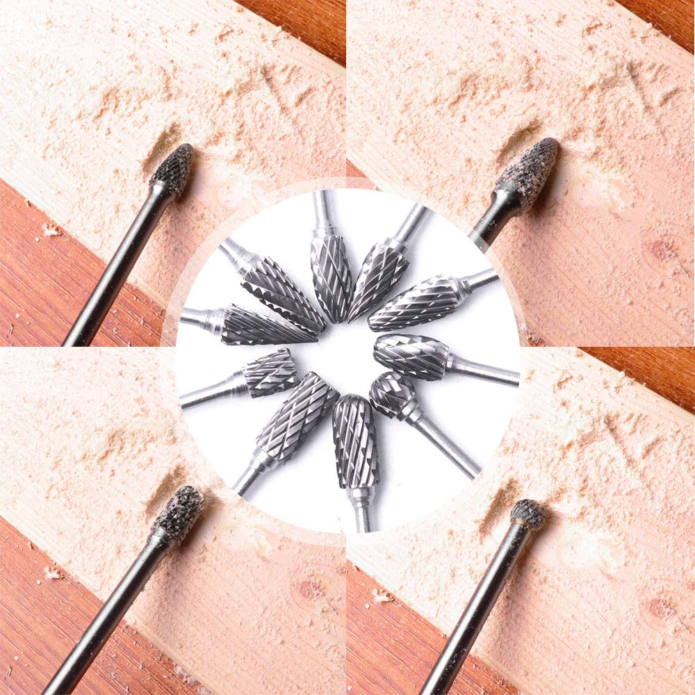 10PCS 3mm (1/8")Tige Longue Double Coupe Fraises en Carbure de Tungstène Limes Rotatives Fraises Diamantées Ensemble d'Embouts pour Outil Rotatif de Meuleuse, Longueur:100mm