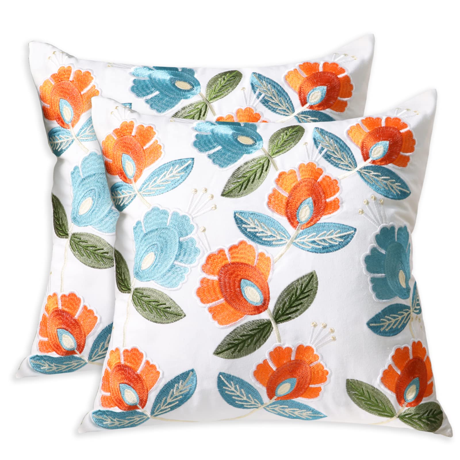 Pilmandu Set of 2 Embroidered Decorative Throw Pillow Covers Couch Square Pillowcases Cushion for Bedroom Sofa Farmhouse Decor 18x18 Inch (Flower)