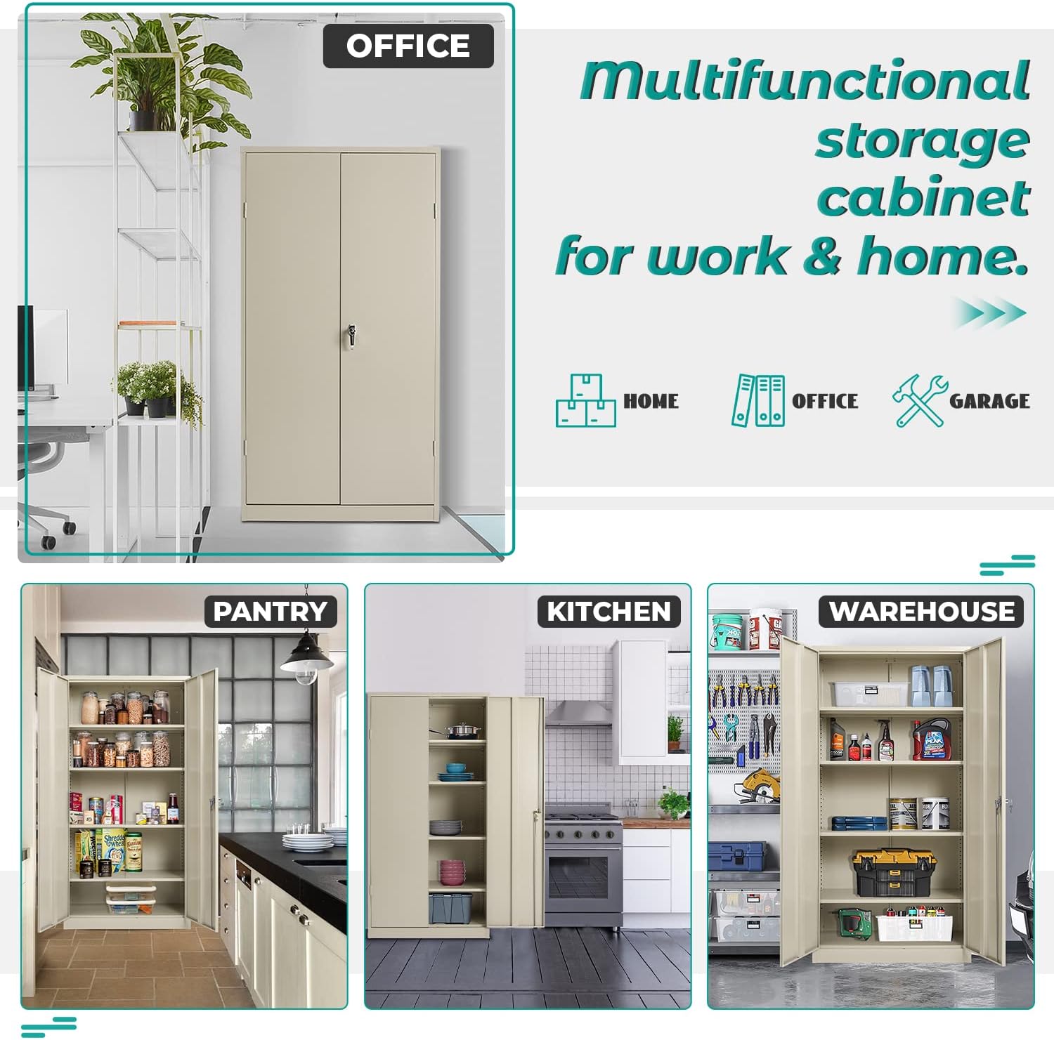 Greenvelly Steel SnapIt Storage Cabinet 72" Locking Metal Storage Cabinet with 4 Adjustable Shelves,Black Metal Cabinet with 2 Doors and Lock for Office, Garage, Home (Putty) : Home & Kitchen