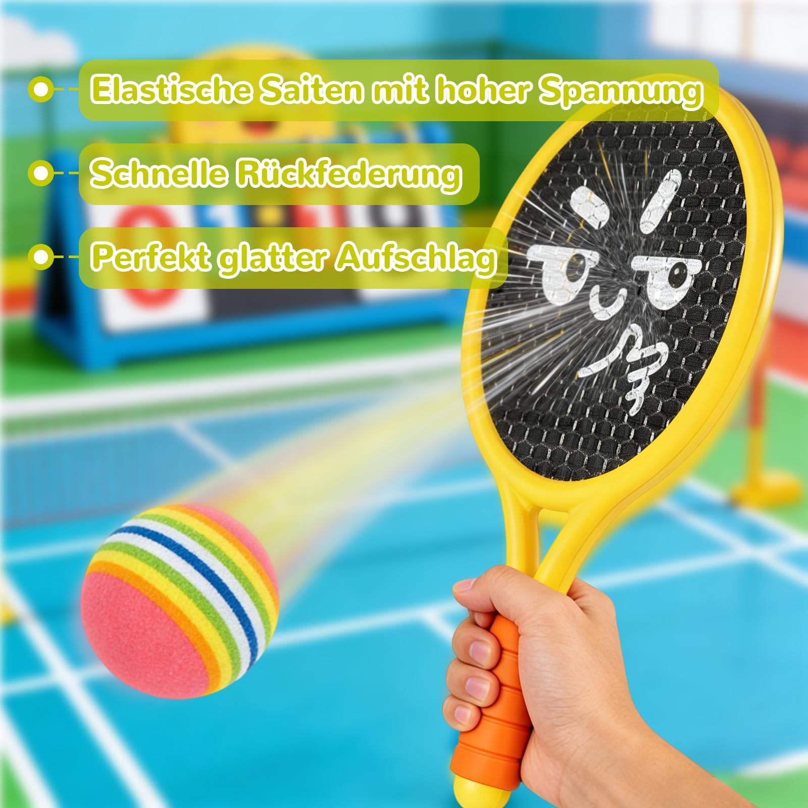 Kinder Schläger Set, Ballspiele für Draußen Kinder, Enthalten 2 Kunststoff-Tennisschläger, 2 Federbälle, 2 Tennisbälle, 2 Gummibälle, für Anfänger, Drinnen Draußen, Fördert die Sportlichen Fähigkeiten