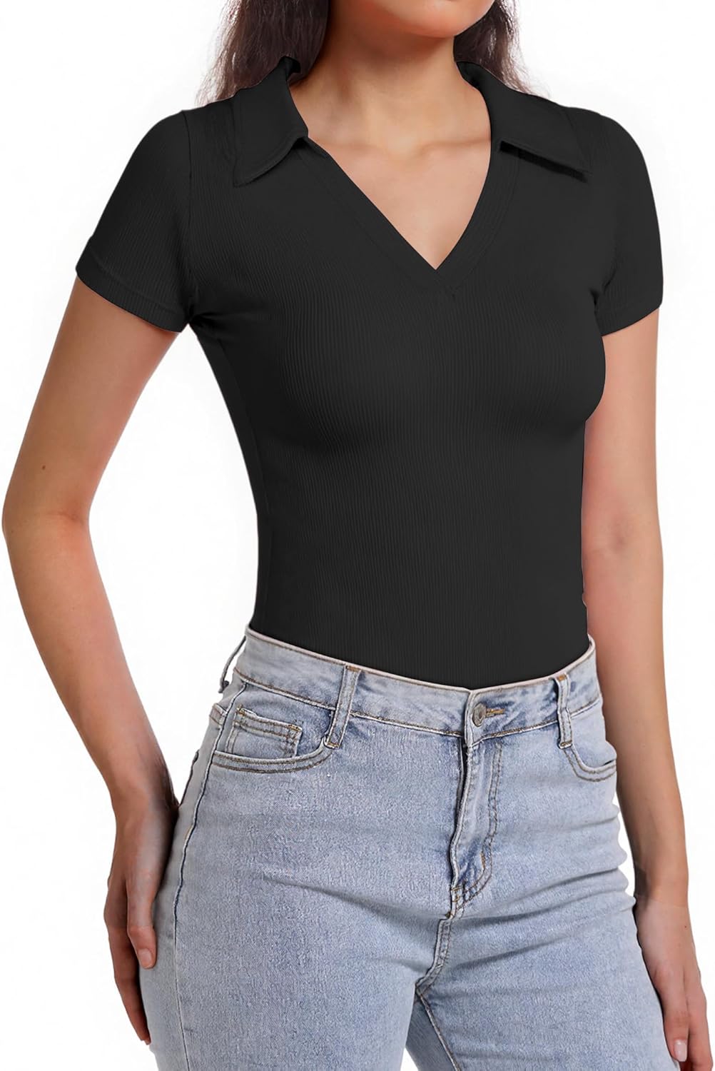 joyliveCY Polo Shirts for Women, Short Sleeve Business Casual Tops, V Neck Polo Collared Work Shirts, Ribbed Fitted Shirts - Image 4