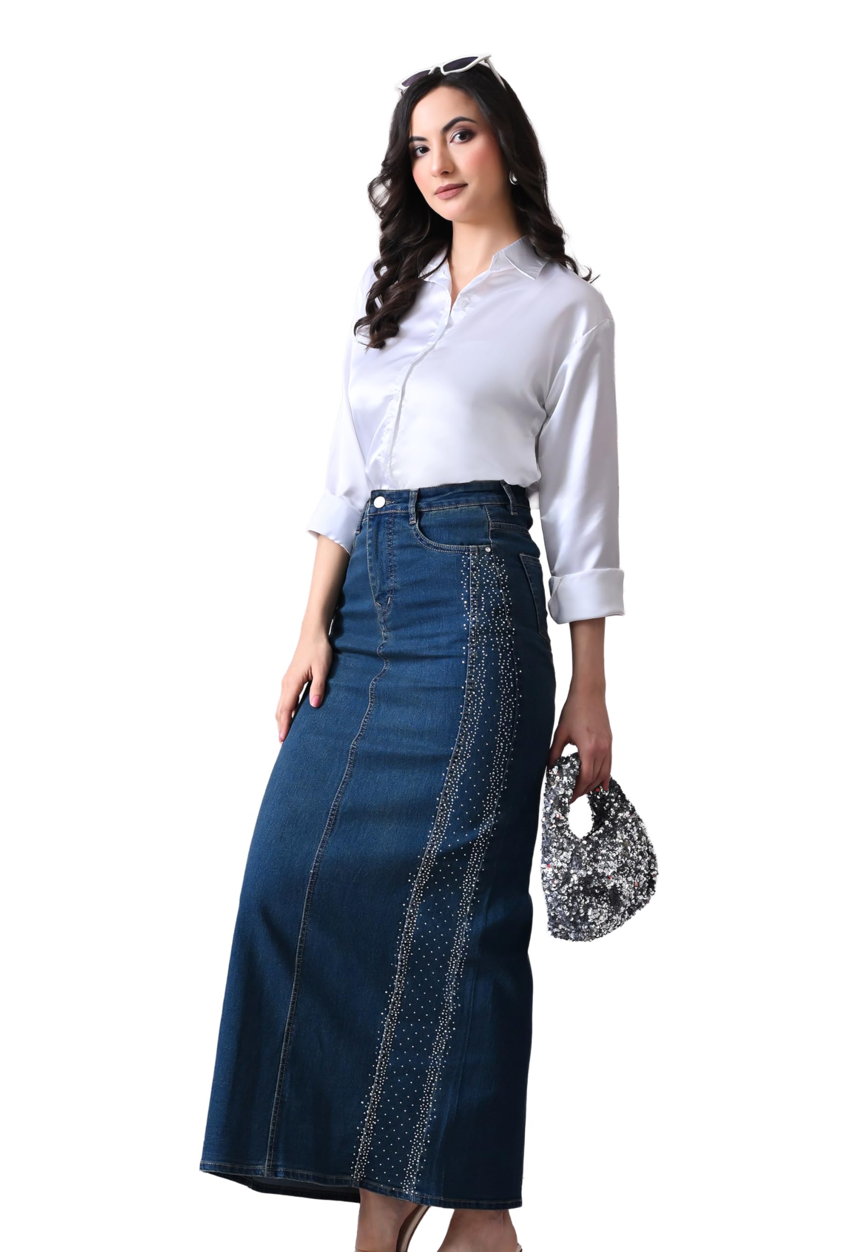 Blue High-Rise Embellished Denim Maxi Skirt,-image-45