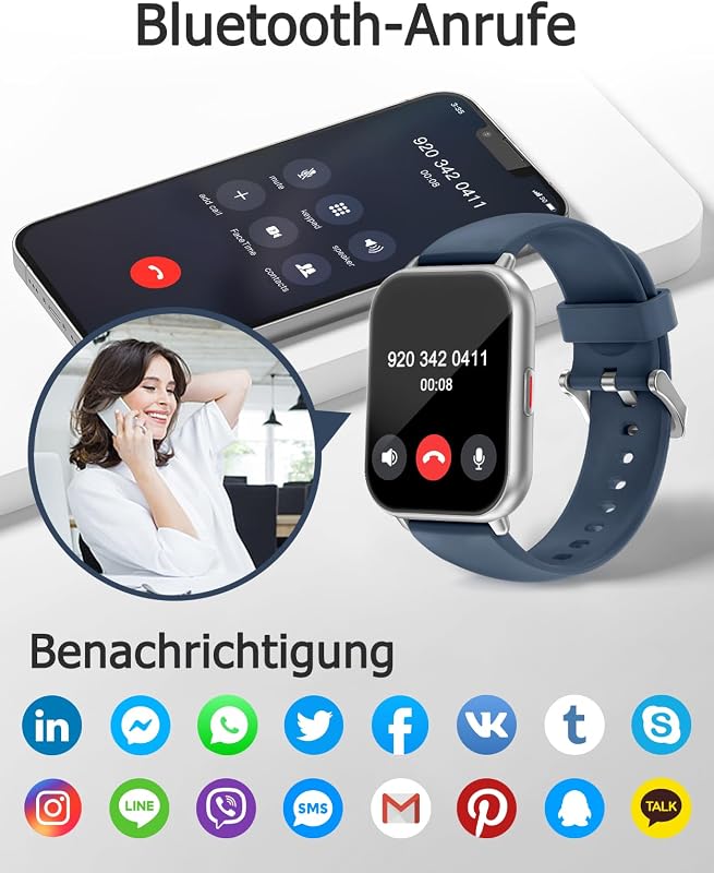 Cloudpoem Smartwatch 1.85" HD kijelző Bluetooth hívás fitness tracker 110+ sportmód szívritmus monitor iOS Android - Silver Blue