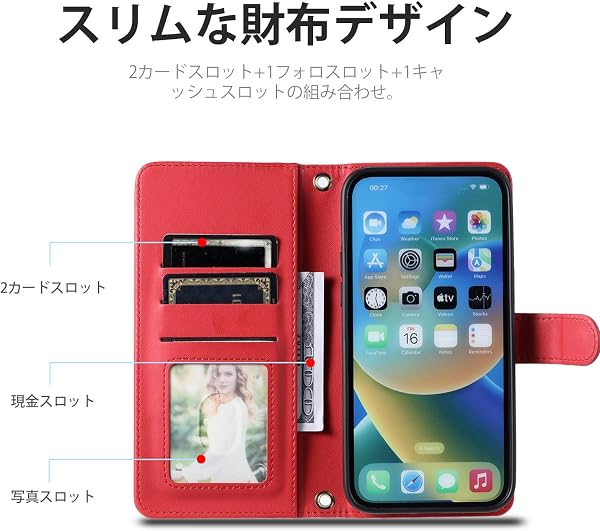 FOR Galaxy A25 5G SC-53F SCG33 ケース galaxy a25 5g ケース 手帳型 おしゃれ ストラップ付き スタンド機能 カード収納 軽量 薄型 耐衝撃 高級PUレザー 滑り防止 財布型 内蔵マグネット 開閉式 チェック柄 上質 耐摩擦 マグネット式 肩掛け 斜め掛けーレッド - 3