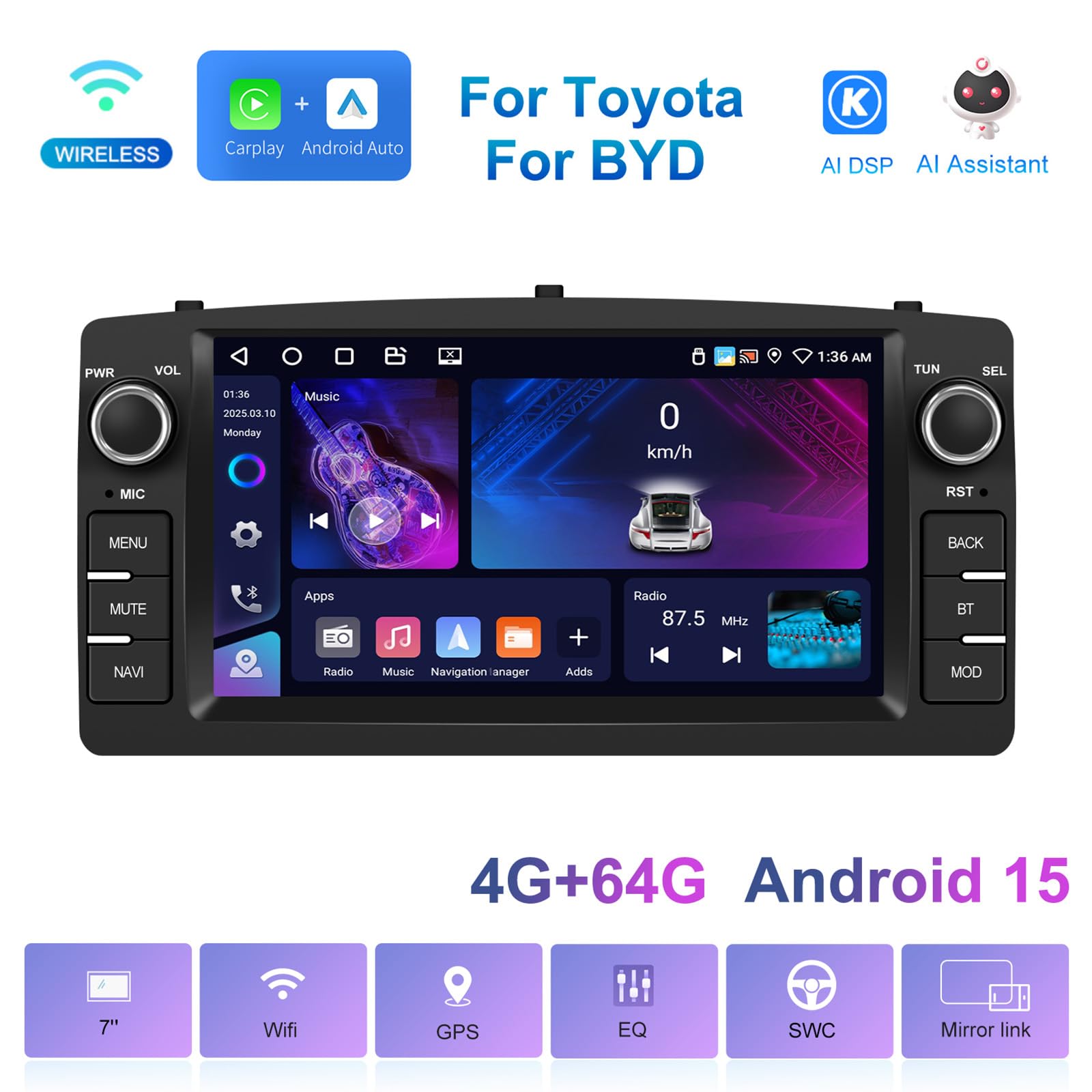 CAMECHO 4+64G 7 Pulgadas Autoradio Android 15 para Toyota Corolla E120 E130 2000-2007 y BYD F3 2006-2013, Radio Bluetooth con CarPlay Inalámbrico Android Auto FM RDS GPS Wi-Fi + Cámara Trasera