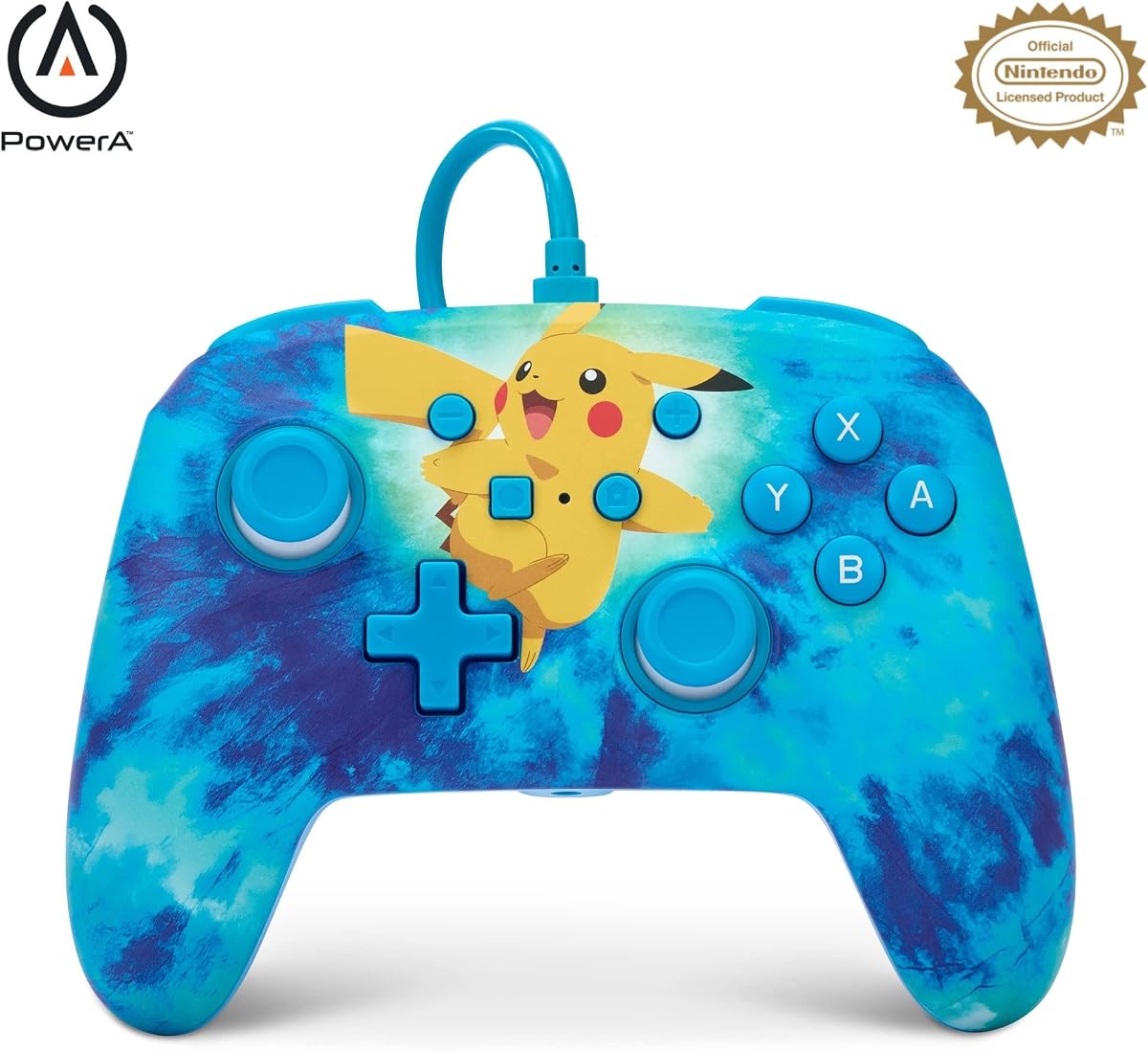 Controlador con cable PowerA mejorado para Nintendo Switch y Switch 2: Tie Dye Pikachu, cable USB desmontable de 10 pies, botones de juego avanzados asignables, no requiere baterías, licencia oficial