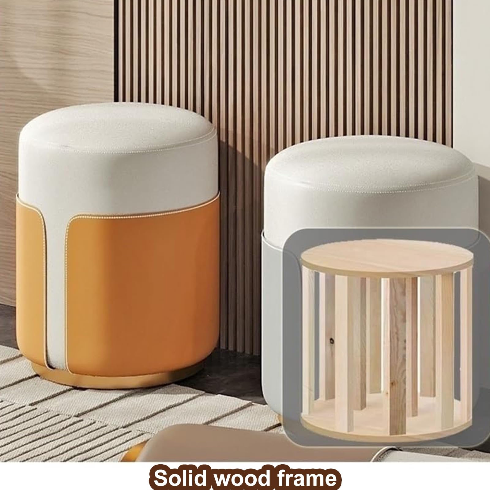 Sgabello Rotondo in Pelle, Poggiapiedi con Base in Oro, Sedia per Trucco Ottomana Rotonda, Sgabello per Manicure Moderno, Sgabello Poggiapiedi per Sala Trucco Soggiorno Camera da Letto,Arancia