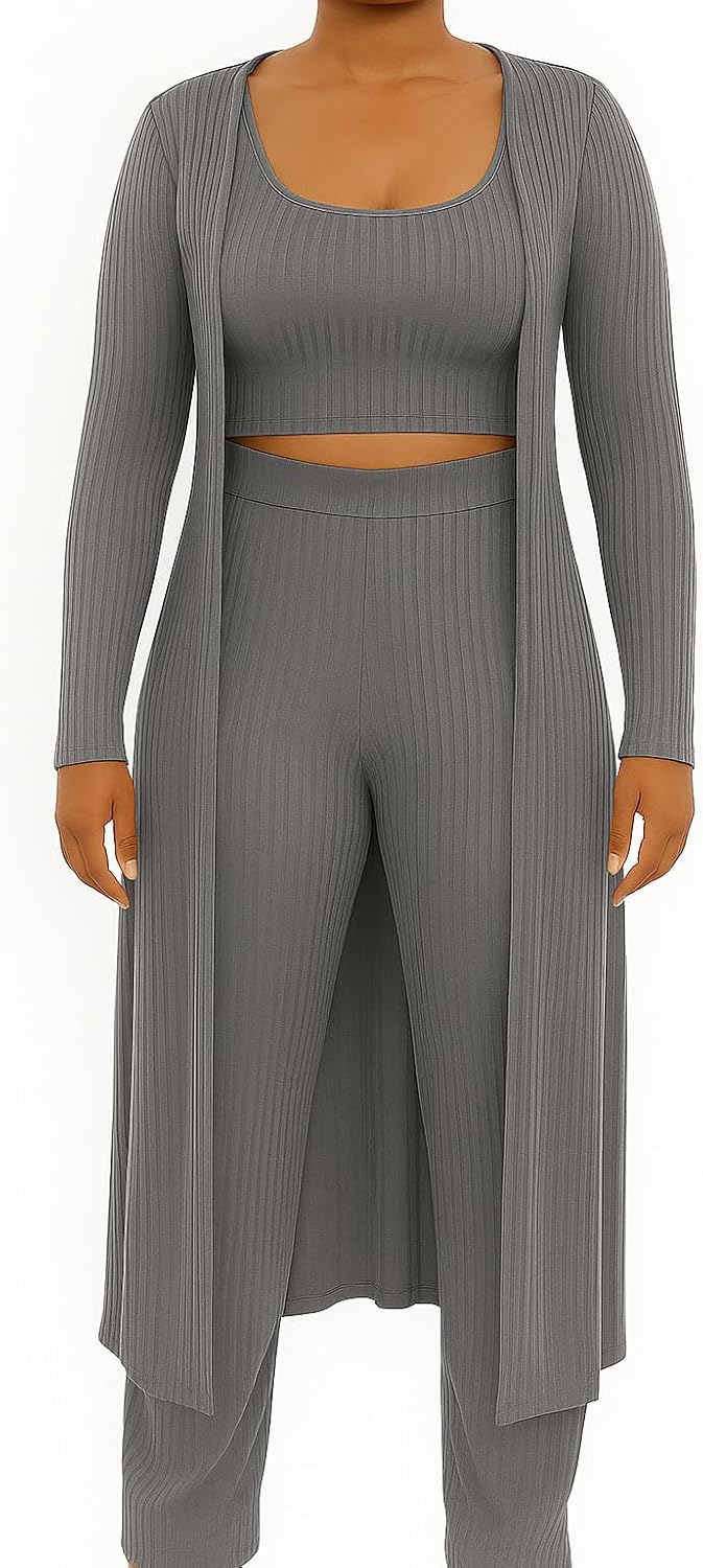 Maternity-Friendly 3-Piece Knit Lounge Set – Longline Cardigan, Cropped Tank, and Wide-Leg Pants