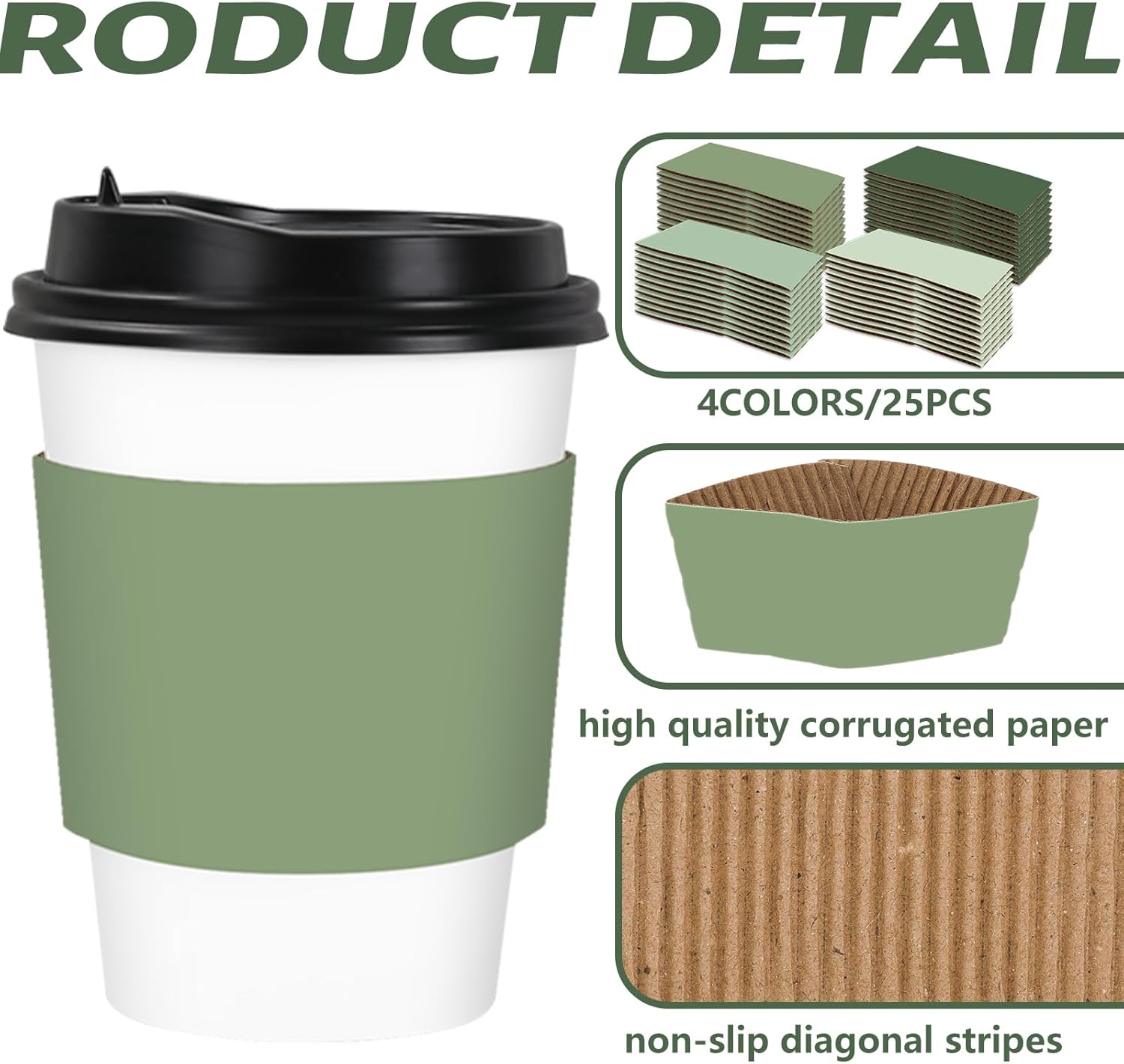 Whaline 100Pcs Sage Green Coffee Cup Sleeves 4 Gradient Green Colors Corrugated Paper Sleeves for Hot Chocolate Cocoa Cold Beverage, Suitable for 3.5 Inch Caliber Cups - Image 3