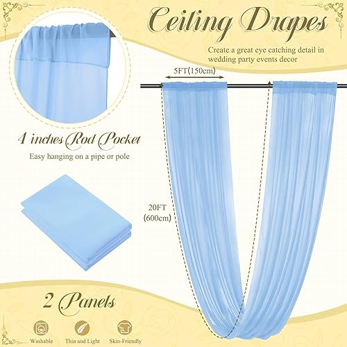 Miniatura 5 de Cortinas de techo amarillas para arco de boda, 2 paneles de 5 x 20 pies, cortinas de gasa transparente para decoración de arco de boda, cortinas de