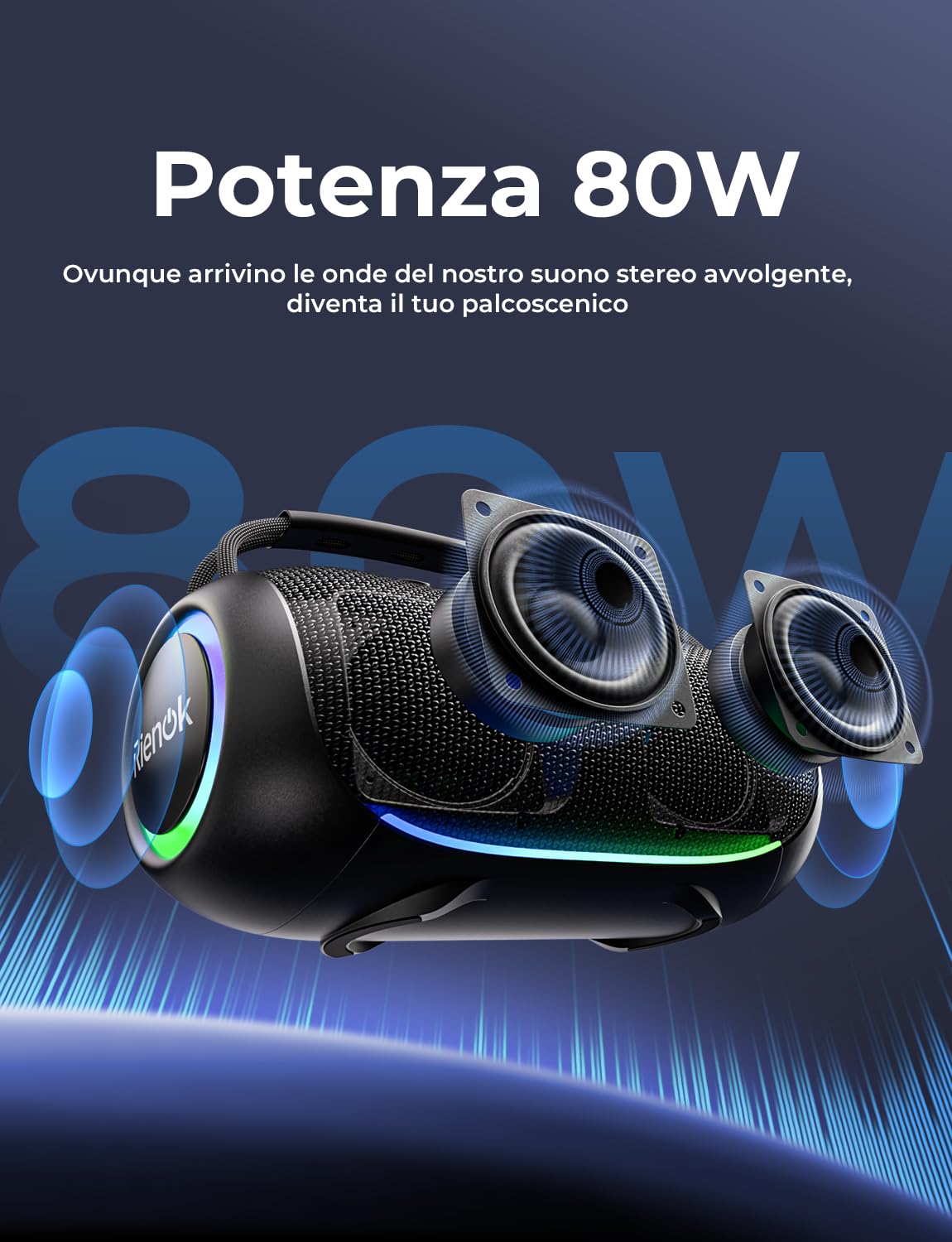 RIENOK Cassa Bluetooth Potente Portatile 80W Esterno Impermeabile IPX6, 30 Ore di Autonomia, Supporta Chiavetta USB/Scheda TF/AUX, Senza Fili Speaker Bluetooth per Feste Campeggio Spiaggia