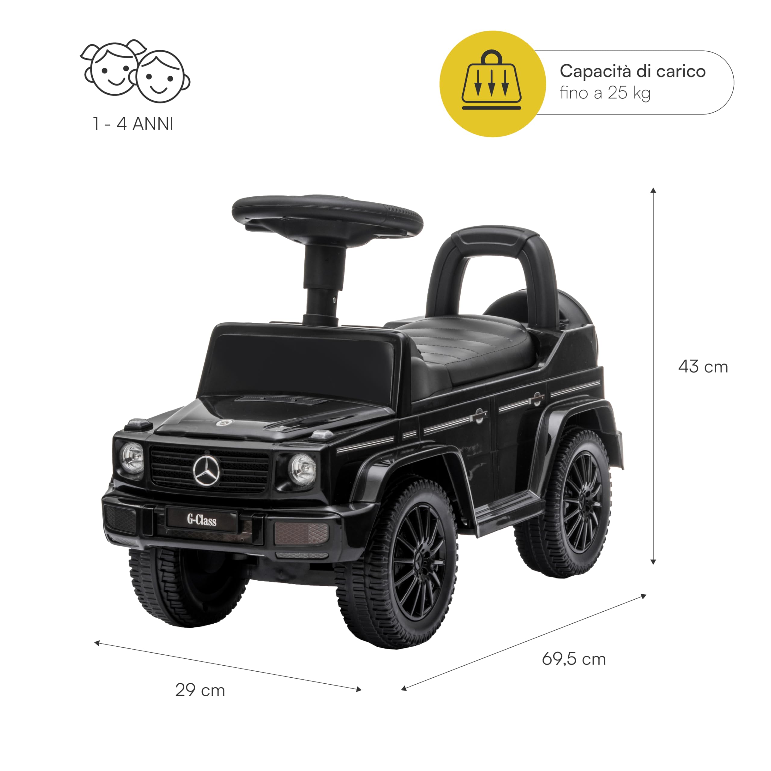 Baroni Toys Suv Mercedes Ride-On Macchinina Spingi e Vai per Bambini 1-4 Anni, Fari LED, Suoni Realistici, Ruote Antiscivolo, Vano Portaoggetti, 69.5x29x43 cm Nera
