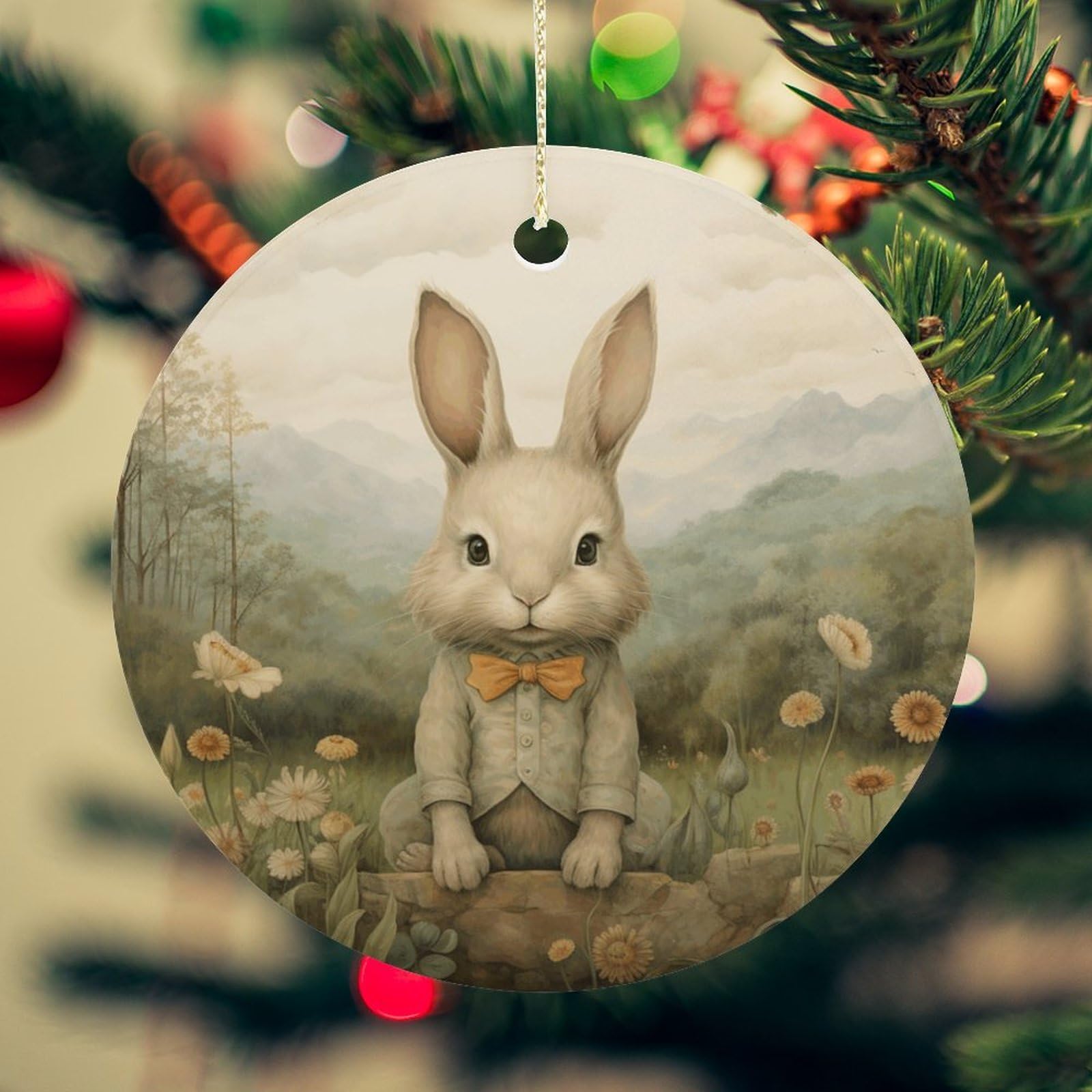Sit on The Grass Christmas Ornament for Christmas Tree Ceramic Round Ornament Winter Holiday Keepsake Gift 2.7" Christmas Tree Hanging Decorations Circle Ceramic Pendant Xmas Gift