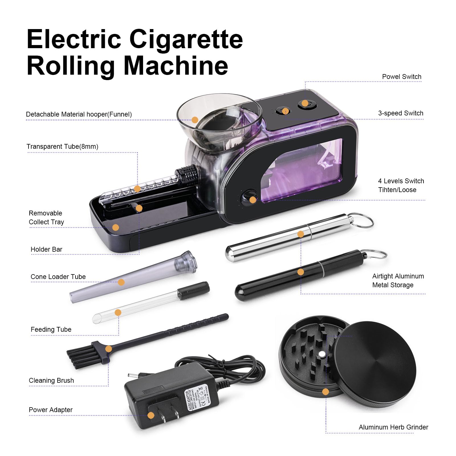 Set di macchine per rollare sigarette con smerigliatrice manuale, rullo automatico trasparente con luce LED, smerigliatrice portatile per sigarette da 8 mm e cartine