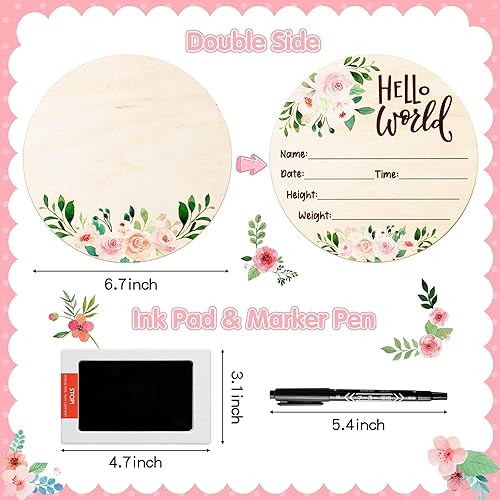 Miniatura 2 de R HORSE Letrero de anuncio de nacimiento de bebé con almohadilla de tinta Hello World, letrero de nacimiento de madera con rotulador para manos y