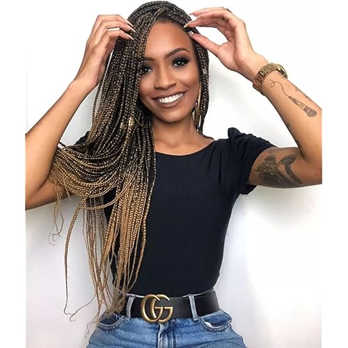 Knotless Box Braided Wigs for Black Women Glueless Double Full Lace Front Human Hair Blended Lightweight Hand Braid Wig with Baby Hair (Ombre Blonde, 32 Inch)