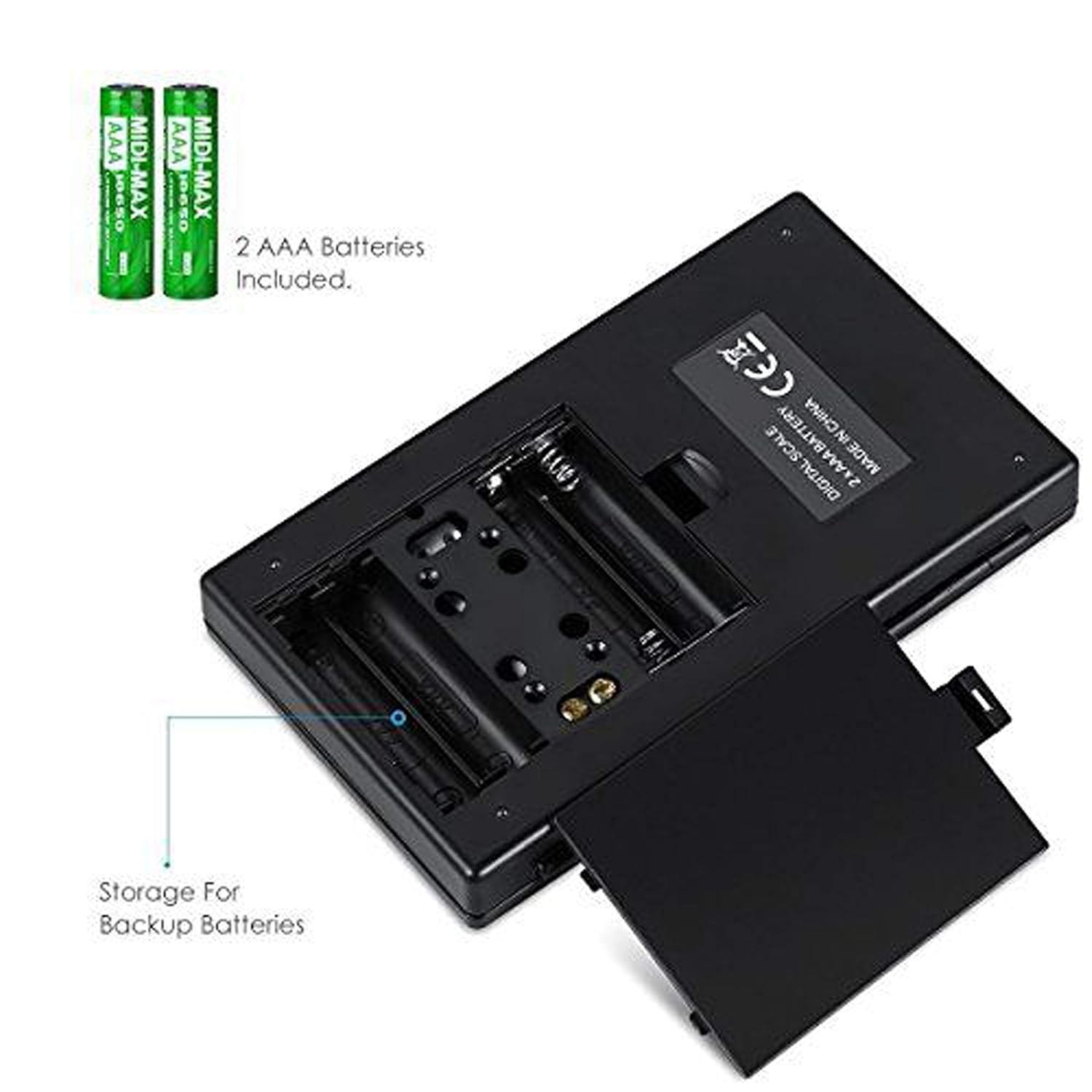 Image showing the battery compartment of the LUPO Digital Pocket Scale with two AAA batteries inserted.