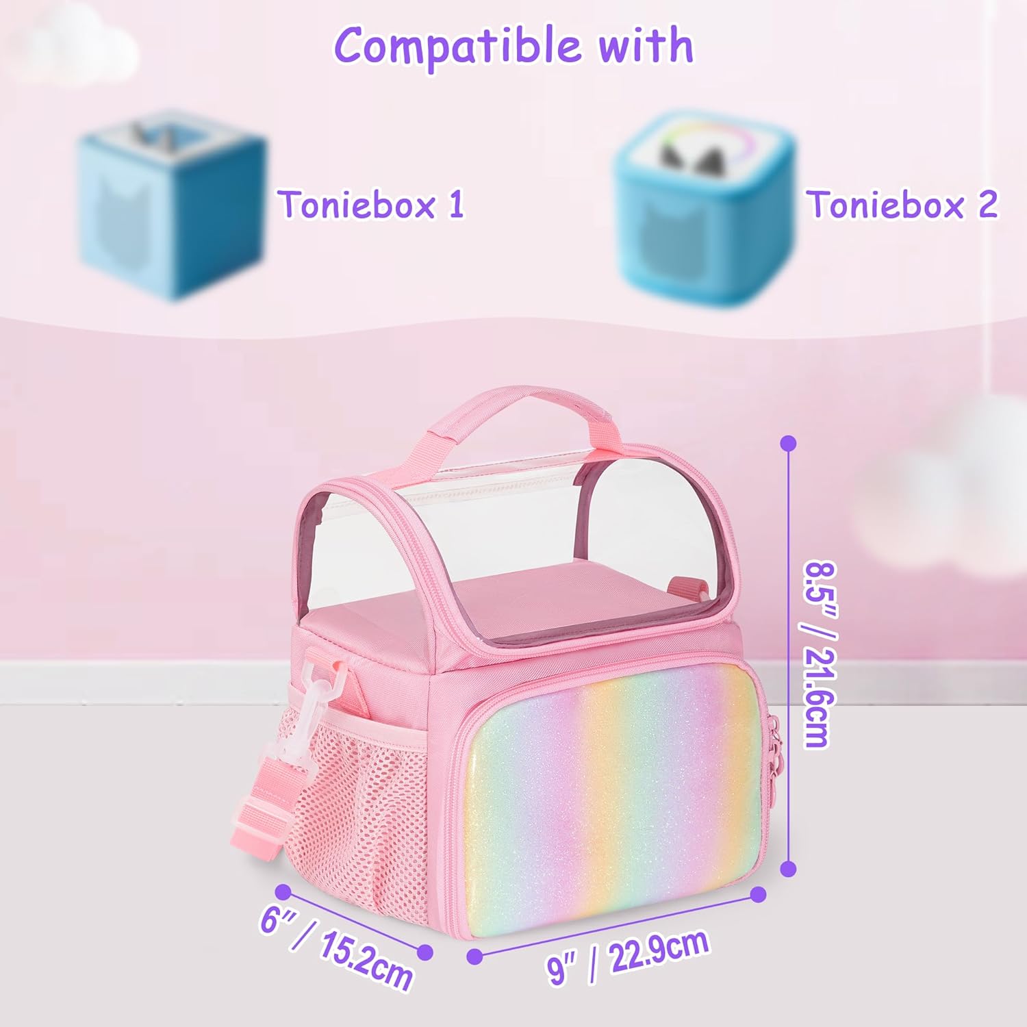 Carry Case Compatible with Toniebox, Travel Storage Organizer for Audio Player Starter Set, Magnetic Design to Display Figures, with Shoulder Strap and Handle, Pink (Case Only) - Image 6
