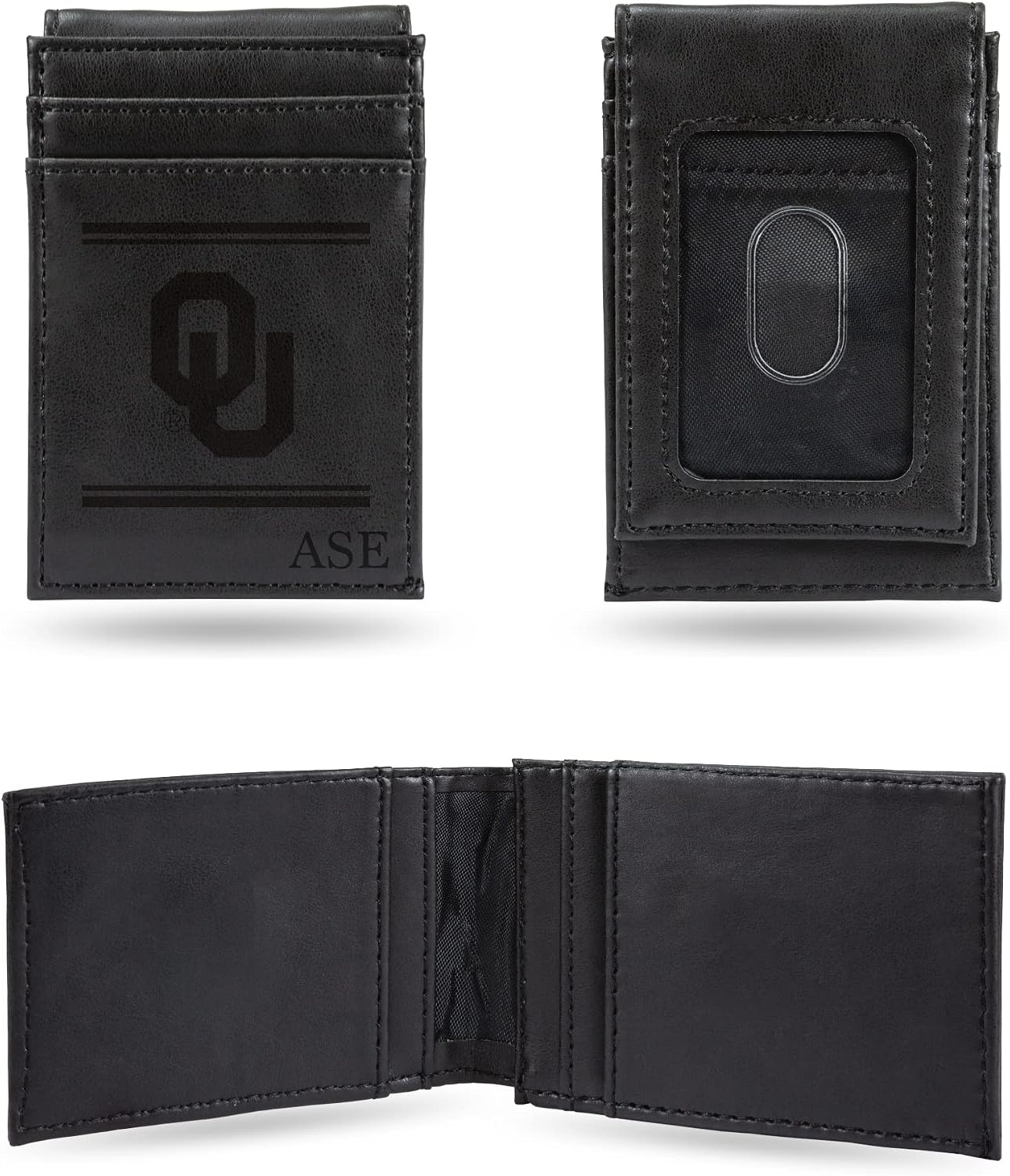 Rico Industries NCAA Oklahoma Sooners Black Personalized/Custom Laser Engraved Front Pocket Wallet - Slim/Light Weight - Great Gift Item