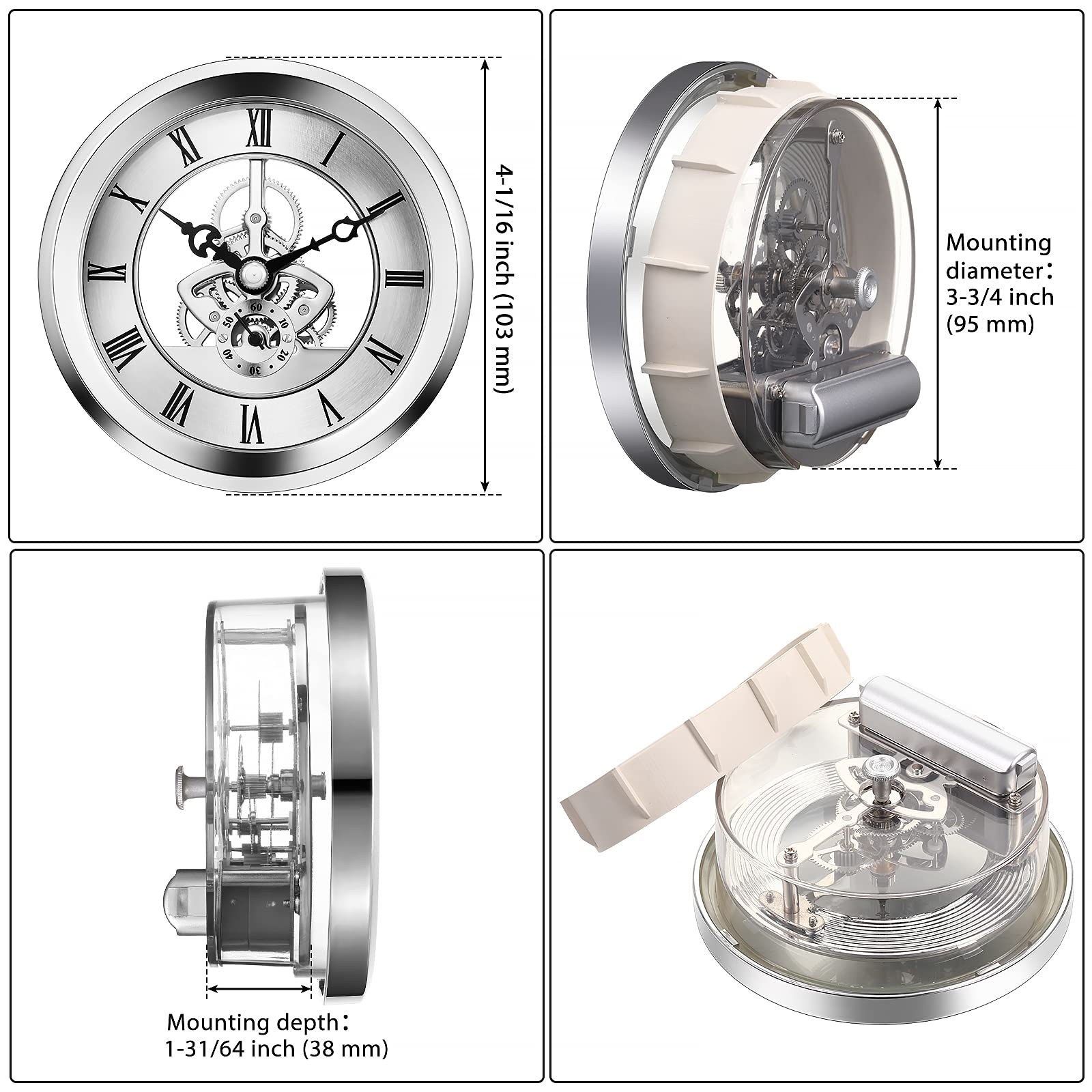 Hicarer 4 1/16 Inch Skeleton Clock Insert with Bezel (Silver)