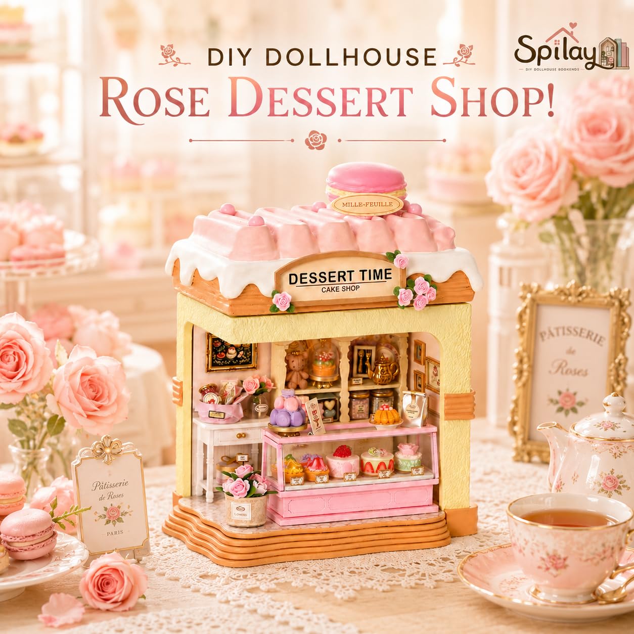 Spilay Miniatur Haus, Rose Dessert Shop DIY Miniature House mit LED-Licht, 3D Holz Puppenhaus Bastelset zum Entspannen & als Deko - Kreatives Geschenk (Weihnachten, Valentinstag, Geburtstag)
