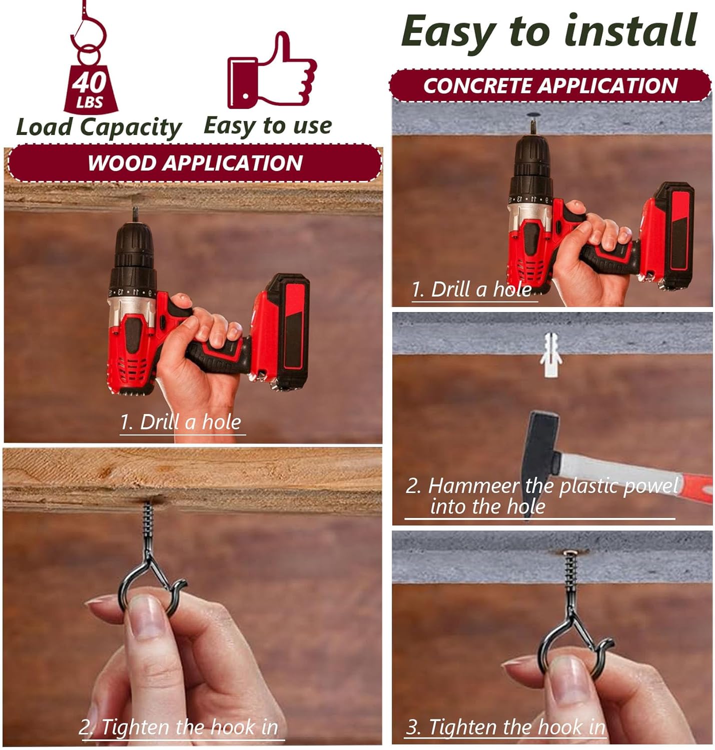 String Lights Screw Hooks for Hanging, Ceiling Hooks for Hanging Solar,Outdoor String Lights, Plant Hangers Outdoor with Safety Buckle Design for Backyard Porch Patio - 105 Pack, Black