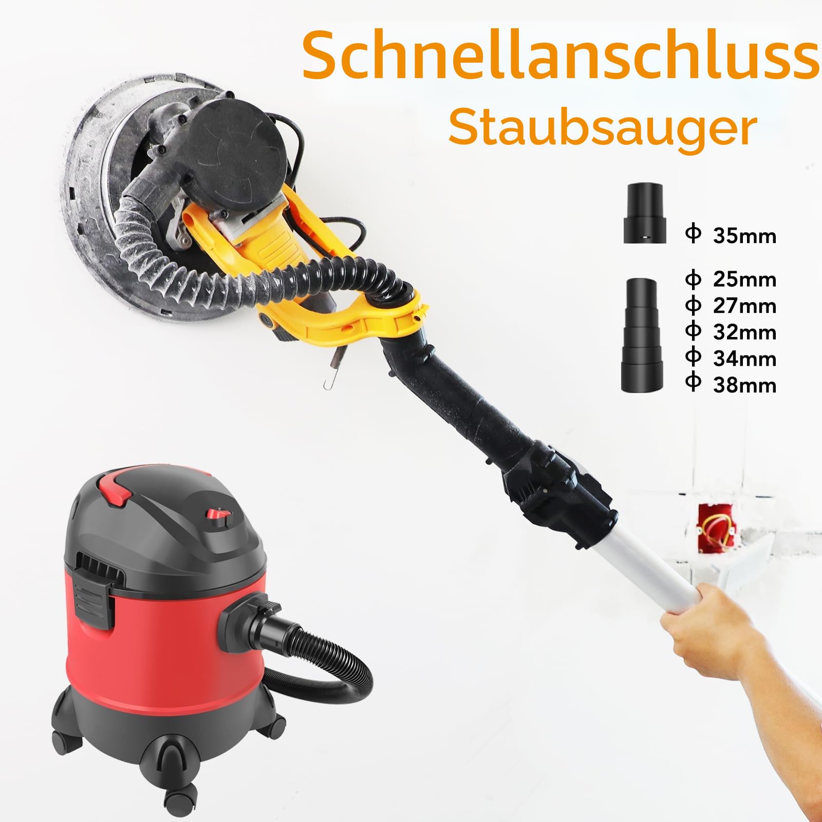Trockenbauschleifer (880W), Schleifer mit doppelter LED-Beleuchtung, 5 variable Geschwindigkeiten, 1000-2100 U/min elektrischer Trockenbauschleifer mit 12 Schleifscheiben und Staubabsaugbeutel