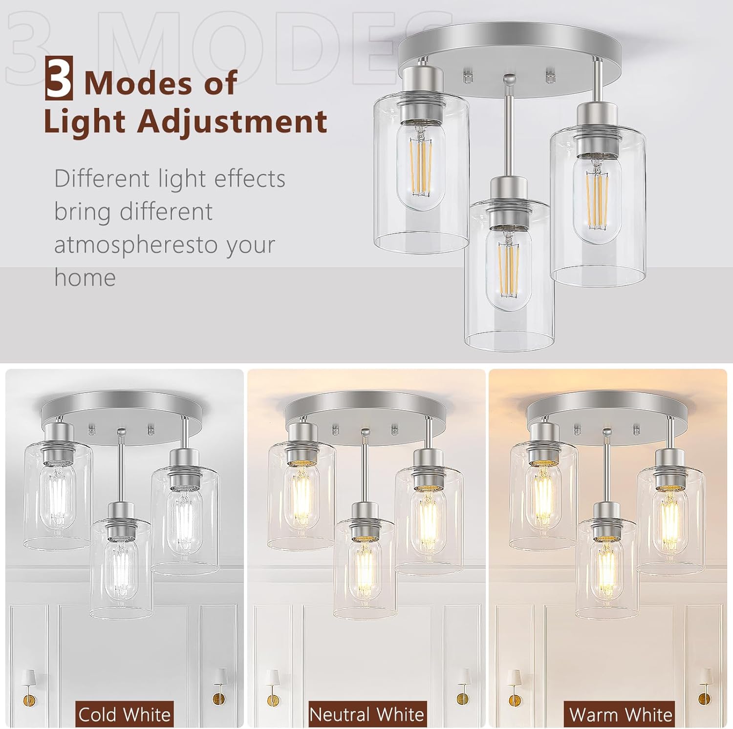 3-Light Brushed Nickel Flush Mount Ceiling Light, Hallway Light Fixtures Ceiling Mount with Clear Glass Shades, Modern Close to Ceiling Light Fixtures for Kitchen Foyer Entrayway