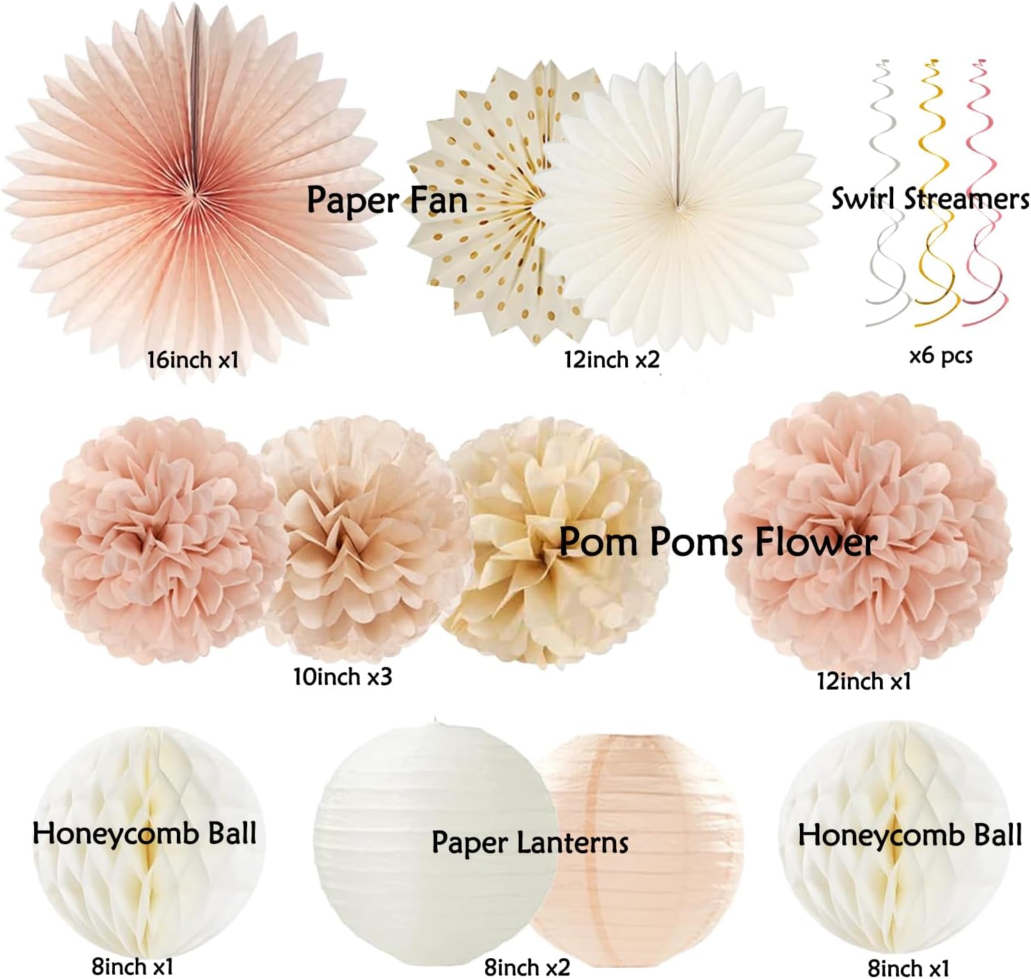 Champagne-Gold Beige Fall Boho Birthday Party Decorations 62pcs Happy Birthday Banner, Peach White Paper Lanterns, Streamers, Tissue Pom Poms, Blush Beige Boho Party Balloons, Rustic Backdrop Decor - Image 2