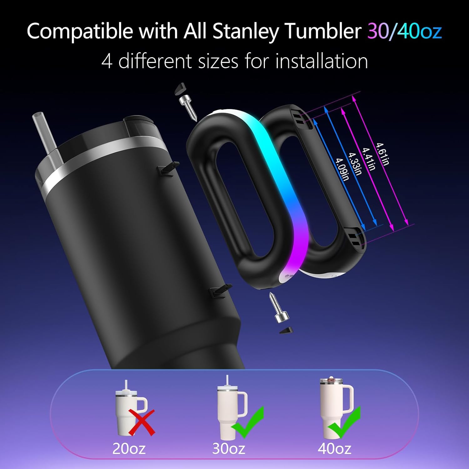 7 Modes LED Light-Up Tumbler Handle for Stanley Cup 40oz/30oz, Tumbler Handle with Pickup Music Rhythm Lights Use for Outdoor Party & Home, Birthday Christmas Valentine's Stanley Gift (H10 Black) - Image 2