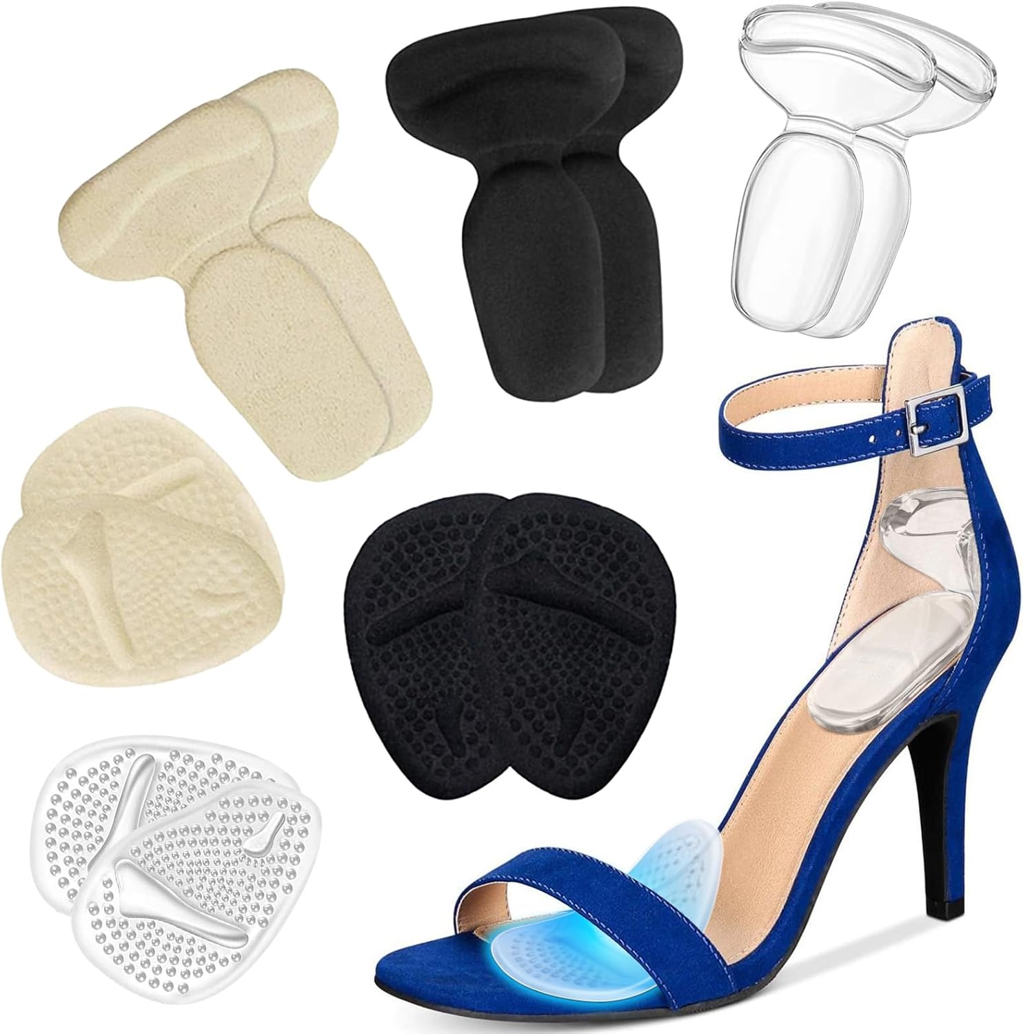 ONUEMP Heel Cushion Inserts and Metatarsal Pads for Women, 3 Pairs Heel Grips and 3 Pairs Ball of Foot Cushions, Silicone Shoe Pads Insoles for High Heels, Blister Prevention for Too Big Shoes