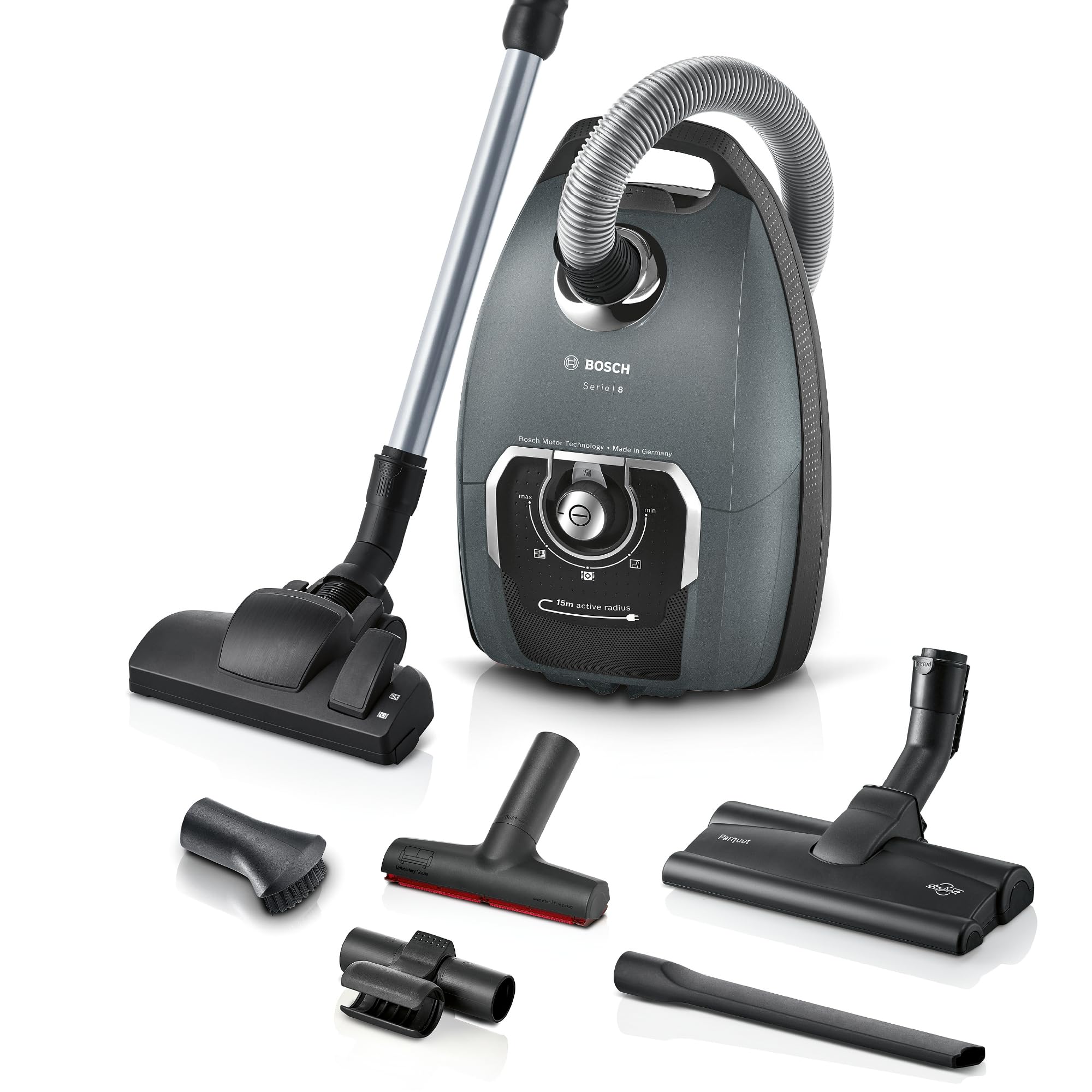 Bosch Staubsauger mit Beutel Serie 8, für Allergiker, Hygiene-Filter, 10 J. Motorgarantie, Hartbodendüse, XXL-Polsterdüse, XXL-Fugendüse, langes Kabel, Made in Germany, leise, BGL75X1PRQ, grau