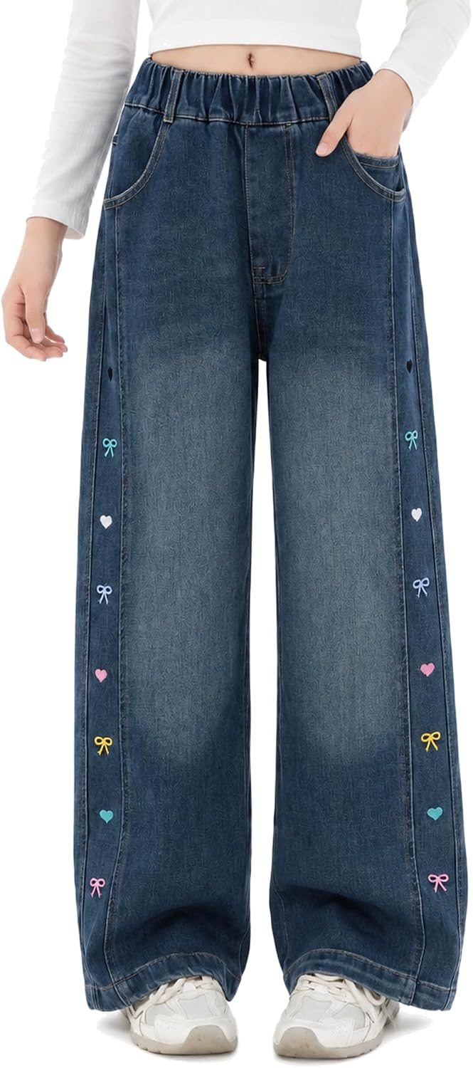 Baggy Jeans for Girls, Wide Leg, Elastic Waist, Heart Embroidery