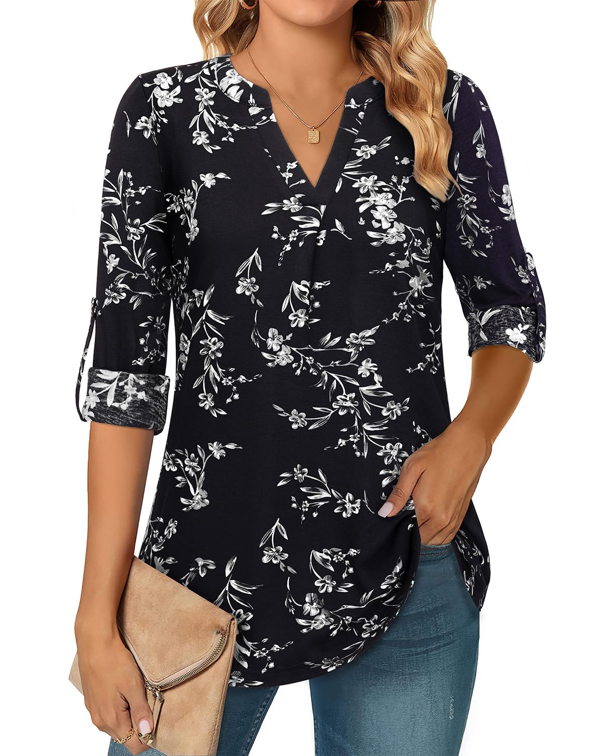 Amrto Longbluse Damen 3/4 Ärmel Bluse V-Ausschnitt Tunika Longshirt Elegant Casual Oberteile Lose Lässig Lange Shirt Outfit für Business Büro