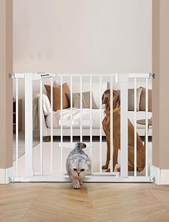 BABELIO Baby Gate with Upgraded Cat Door (29-40") - Adjustable Pressure-Mounted Safety Gate for Stairs, Doorways, Toddlers & Pets, White