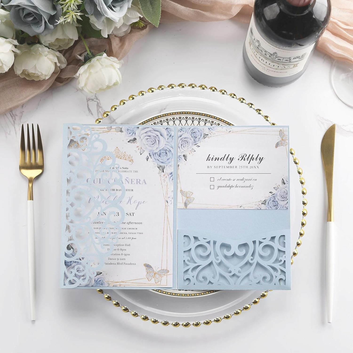 Wedding Invitations with Envelopes and RSVP Cards, Light Blue Laser Cut Invitation Pocket Blank Invitations with Envelopes and Stickers, Bridal Shower Card Birthday Party Invites Custom 50 PCS