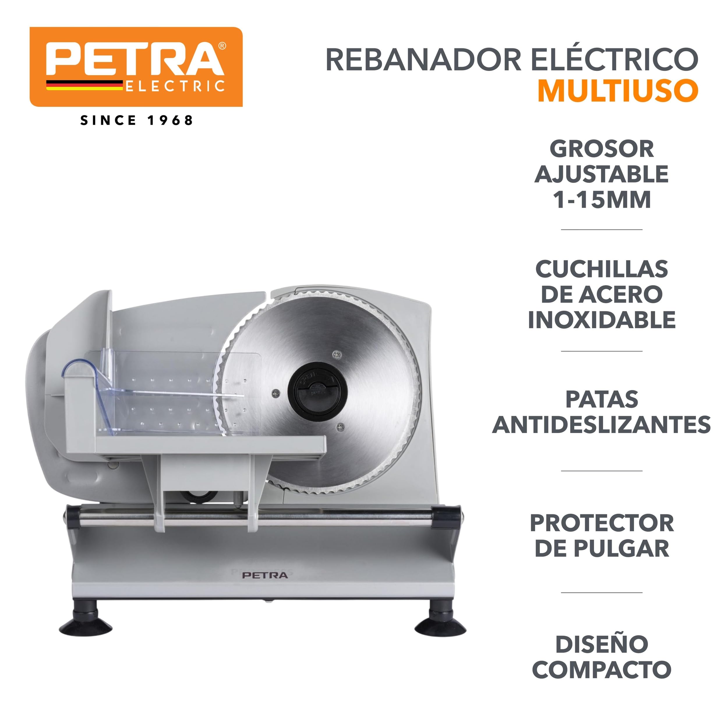 Petra PT4636VDE Rebanador de alimentos eléctrico - Cortador para carne, jamon, queso, grosor de corte ajustable 1-15mm, cuchillas lisas y de sierra, acero inoxidable, 3 x 170mm, patas antideslizantes