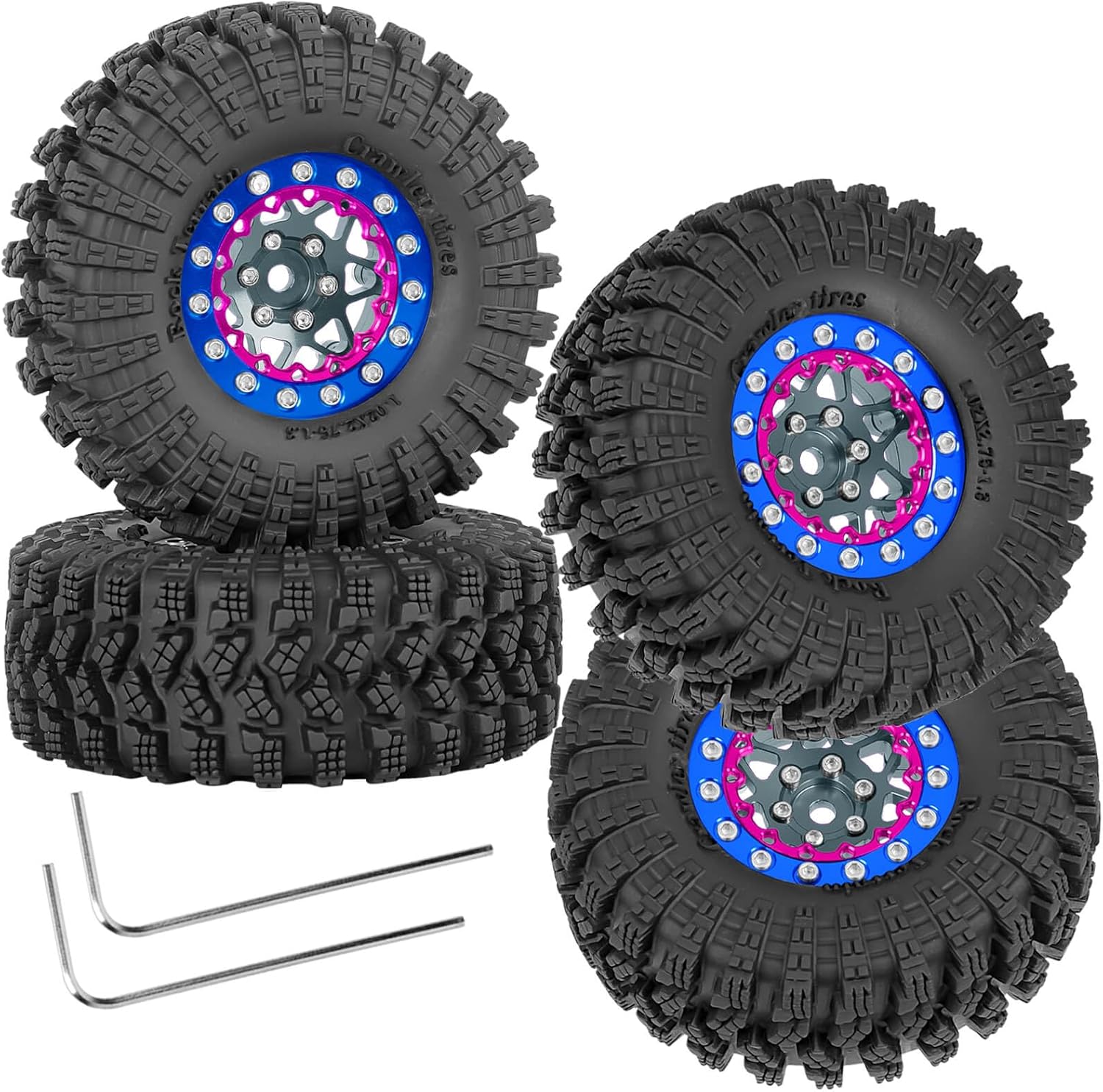 RC 1.3" Beadlock Wheel Tires Set/RC Wheels and Rim for 1/18 1/24 Trx4m SCX24 FCX24 RC Crawler Car,Aluminum 1.3 Wheel Rim Soft Rubber Tires w/Wheels Ring,Colorful