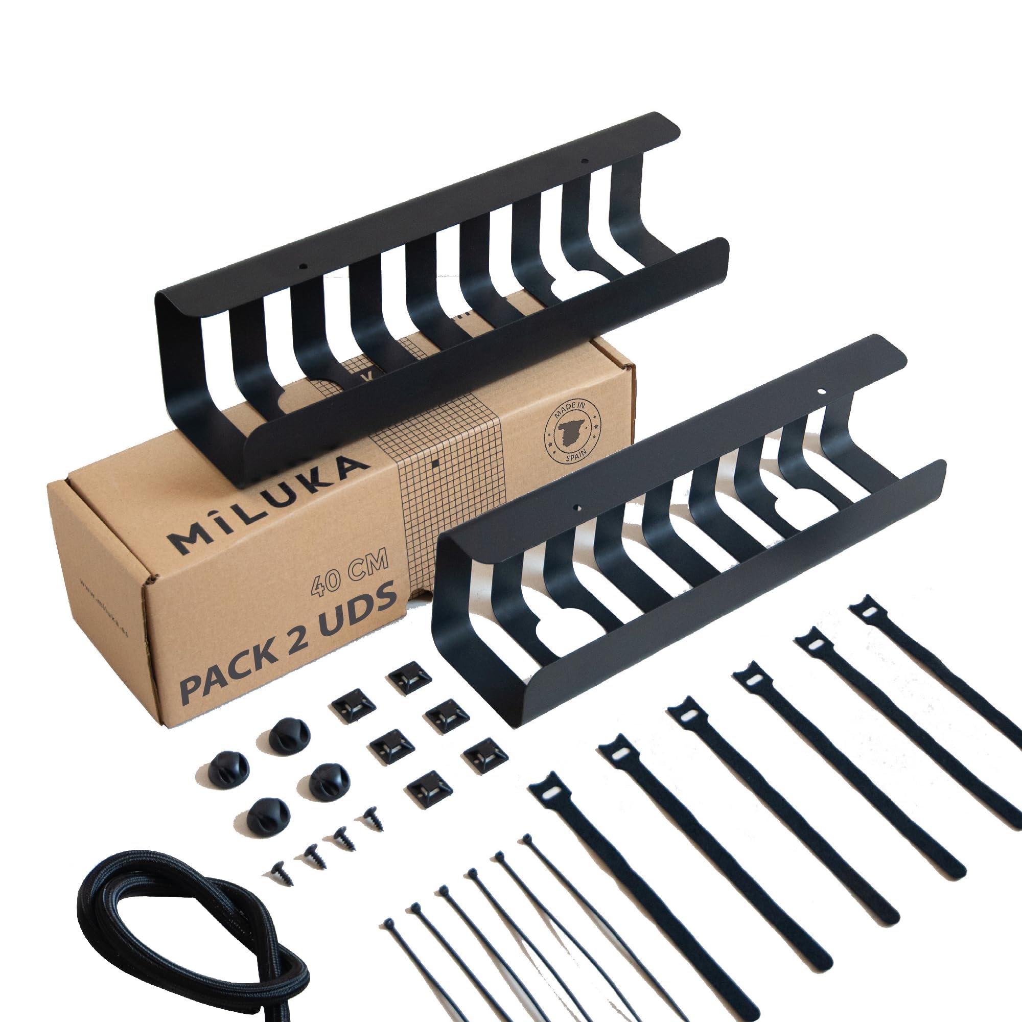 Pack of 2 Desk Cable Organiser - 40x10 cm Cable Trays - Matte Black - Ideal for Office Gaming, or TV Desk