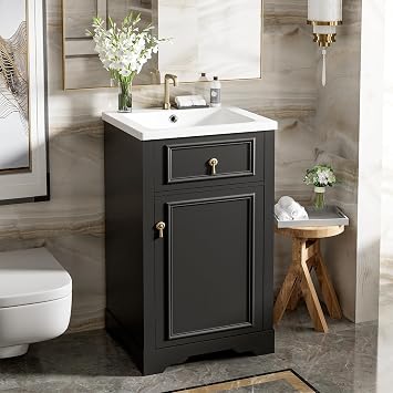 Modern 20" Bathroom Vanity with Ceramic Sink, Wooden Bathroom Storage Cabinet with Soft Close Door, Freestanding Bathroom Vanities Solid Wood Frame, Ideal for Small Bathrooms, Black