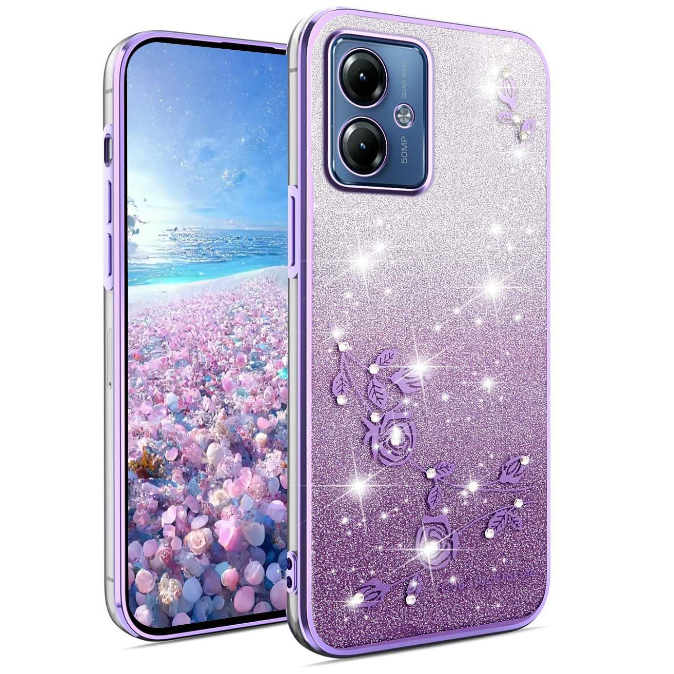 YUEQIAN Glitter Case For Motorola Moto G14, Ultra Thin Transparent Soft Silicone TPU Bumper Shockproof Cover, Elegant Bling Diamond Flowers Women