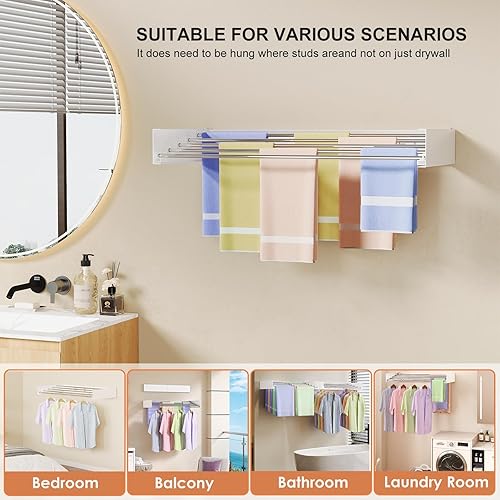 Miniatura 7 de Tendedero de pared de 31.5 pulgadas, estante de secado de ropa plegable, ahorro de espacio, soporte de pared para ropa con plantilla de pared, 5