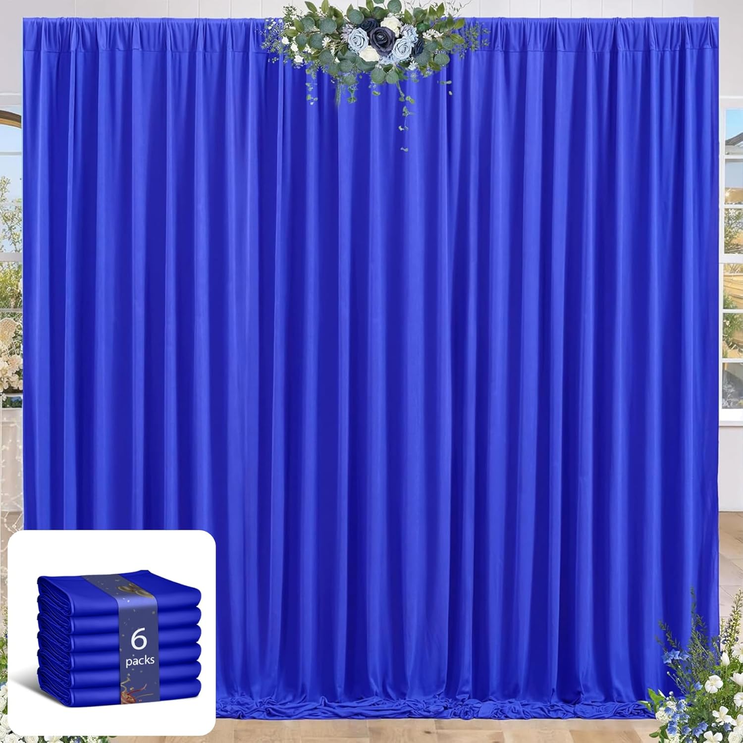 24 x 10ft Royal Blue Backdrop Curtains 6 Panels for Graduations Retirement Photo Backdrop Drapes No-Wrinkle Polyester Curtain Panels Soft Long Curtains Backdrop for Birthday Party Wedding Baby Shower