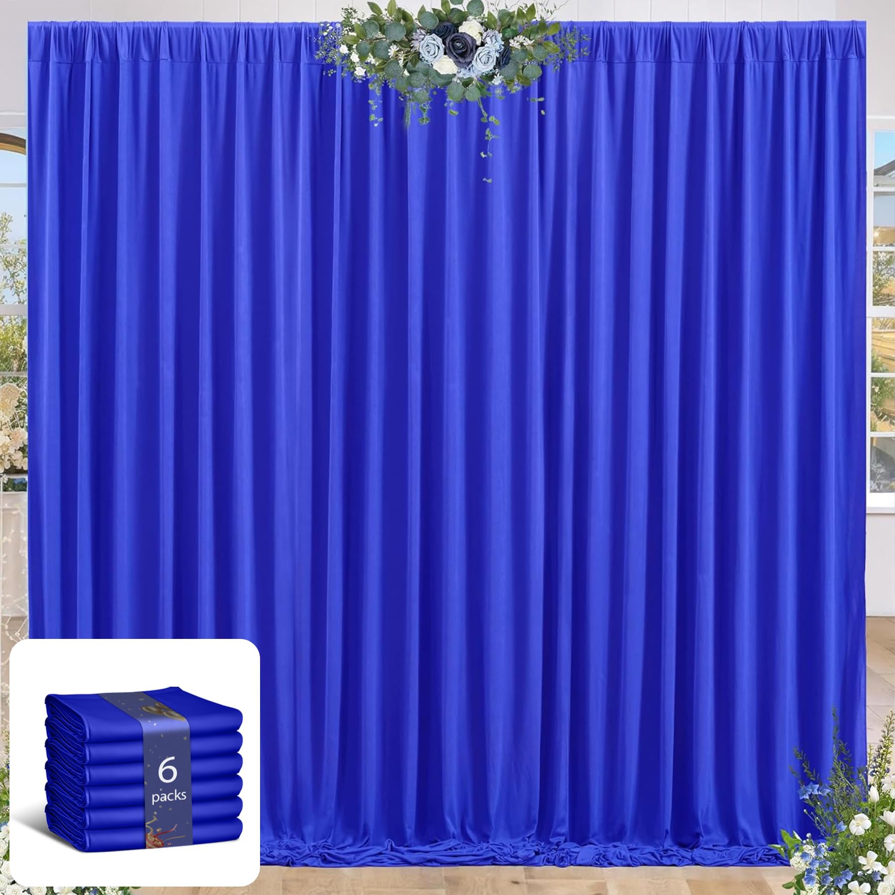 24 x 10ft Royal Blue Backdrop Curtains 6 Panels for Graduations Retirement Photo Backdrop Drapes No-Wrinkle Polyester Curtain Panels Soft Long