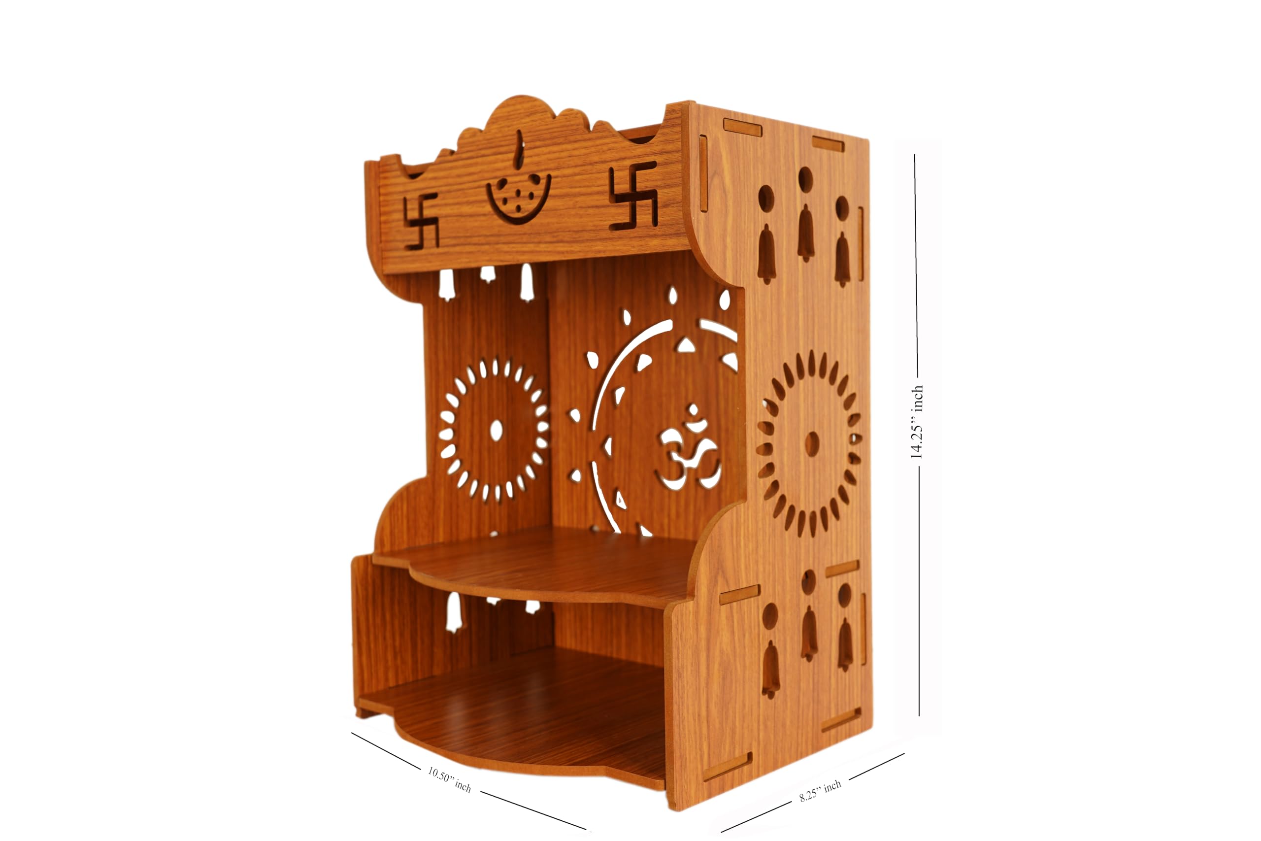 AR ART Wooden Polished Temple Om Saathiya Design Temple for Home and Office Puja Mandir for Home Wall Mounted (L-10.50, W-8.25, H-14.25 Inch) (Light Brown) Style_47 1