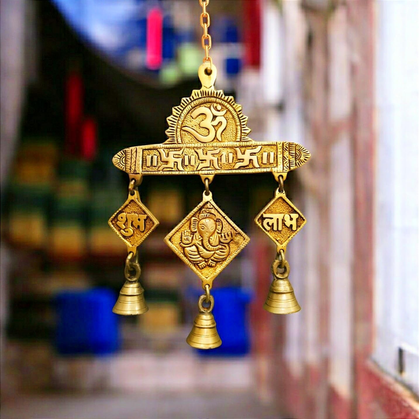 Generic Brass Hanging Bells, Traditional Hindu Design, White, Large, Decorative, Religious Theme, Chain Mount Wall Decor, 12 x 6 x 2 Inches
